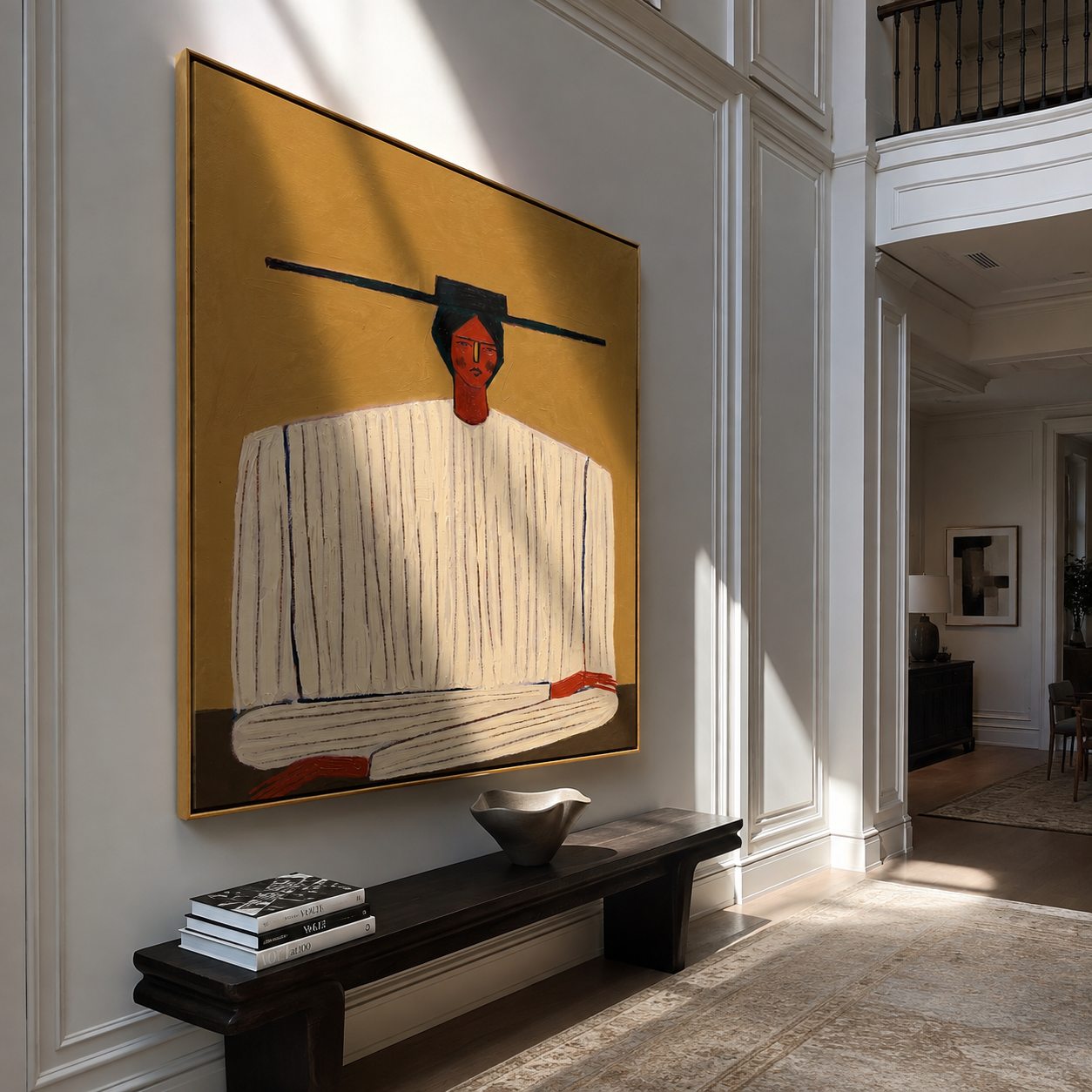 Ivory Stripes on Ochre presented above a contemporary console