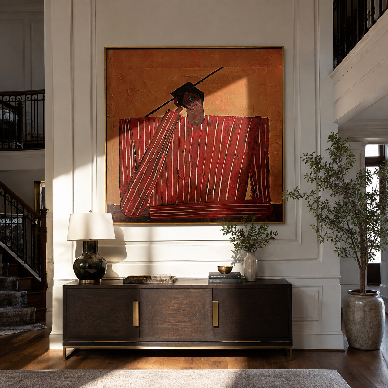 Scarlet Checks Hold Thought displayed in a warm contemporary interior