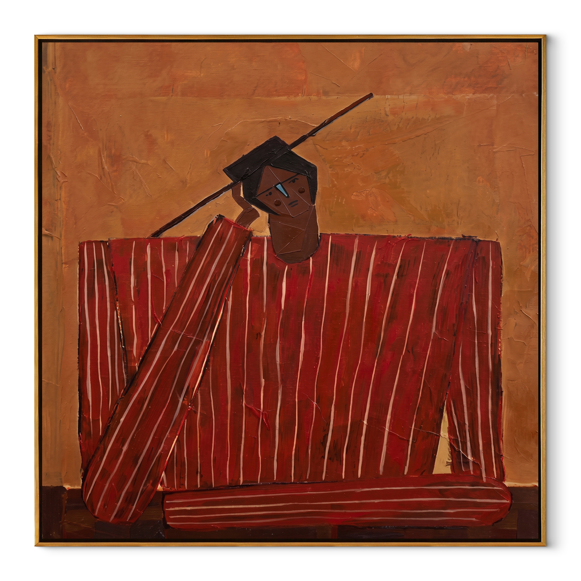 Scarlet Checks Hold Thought abstract figurative textured painting, square canvas artwork