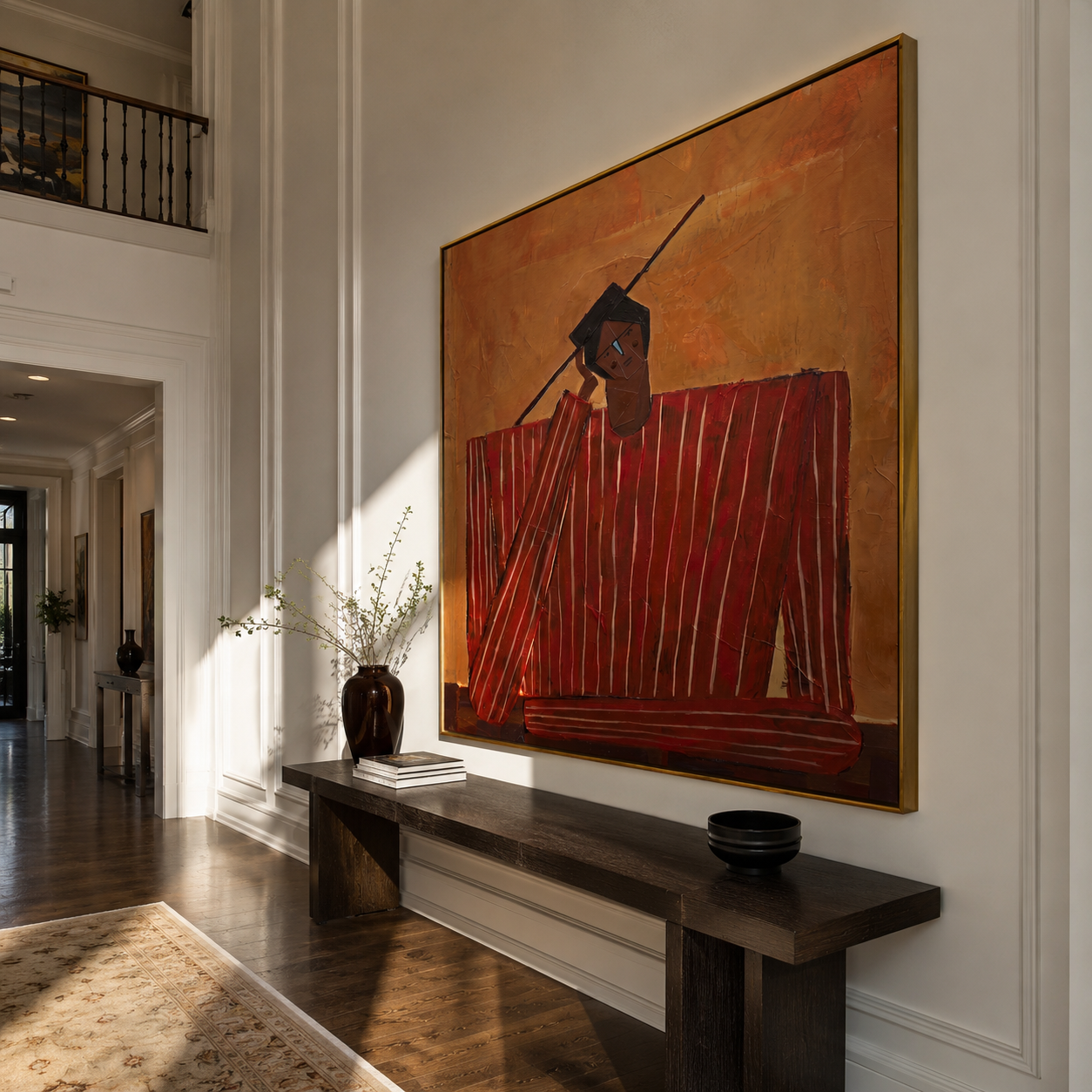 Scarlet Checks Hold Thought displayed as a modern room focal point