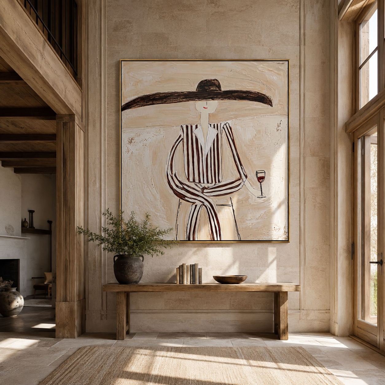 Striped Figure Holds Wine displayed in a warm contemporary interior