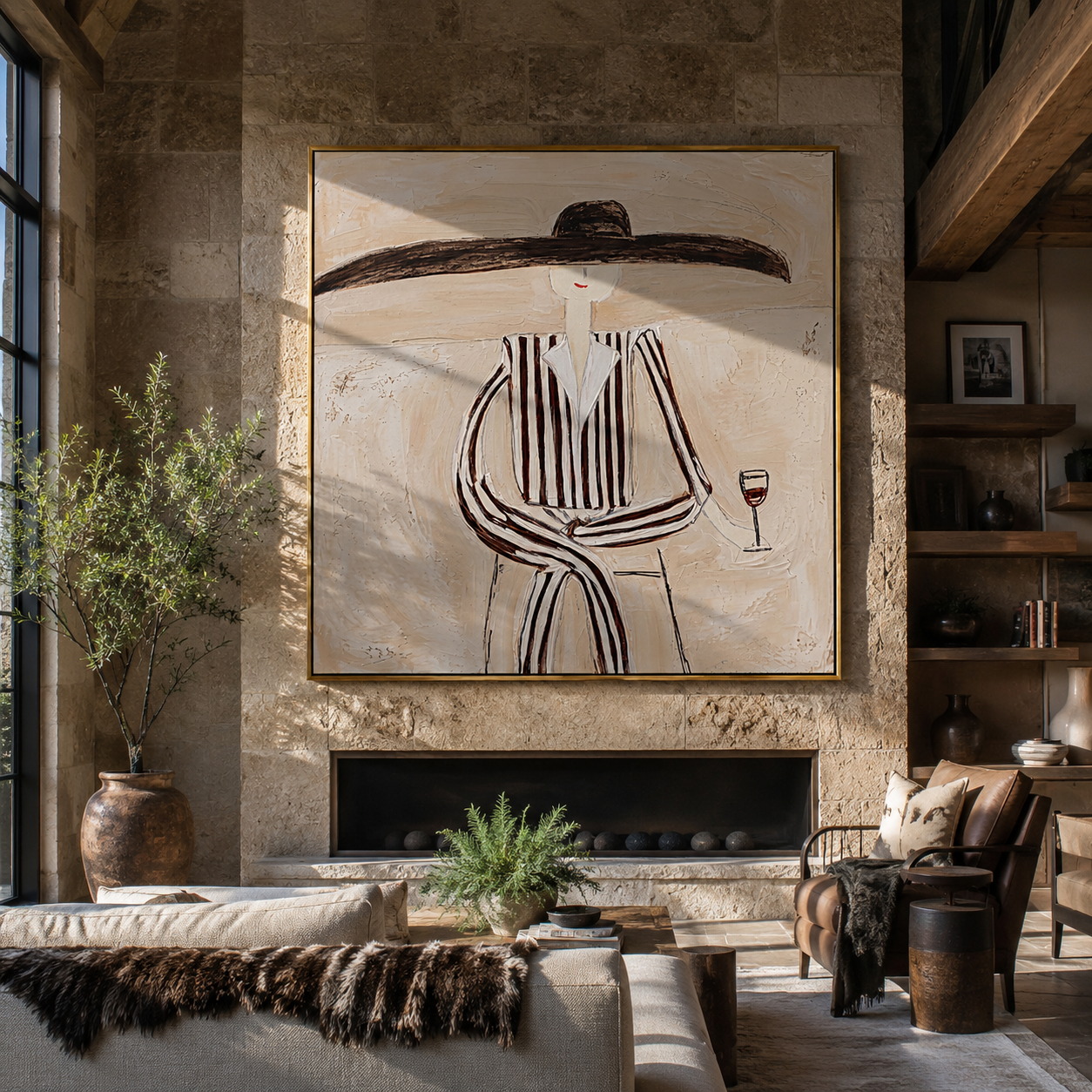 Striped Figure Holds Wine presented above a contemporary console