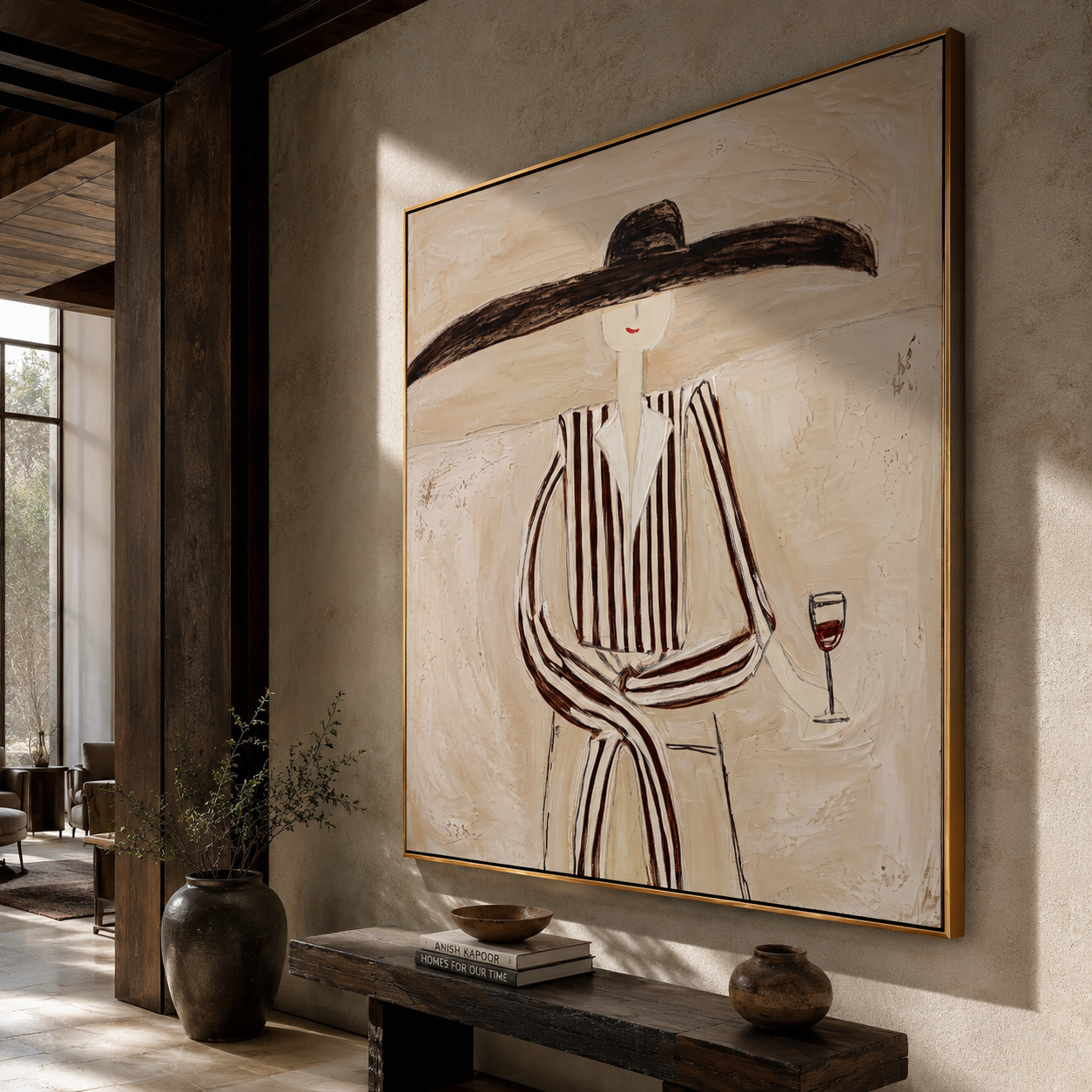 Striped Figure Holds Wine displayed as a modern room focal point