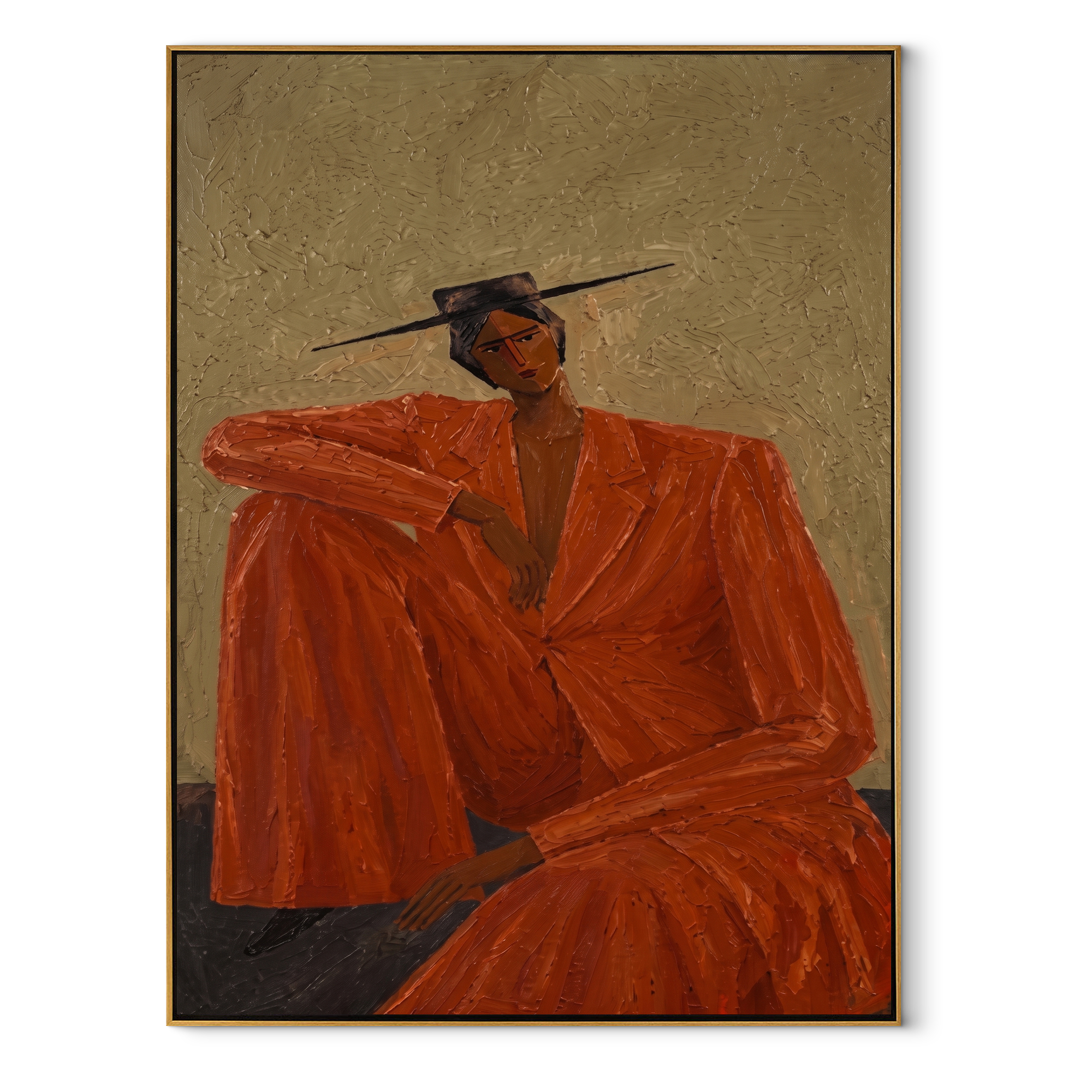 Rust Suit Holds Shoulder abstract figurative textured painting, vertical canvas artwork