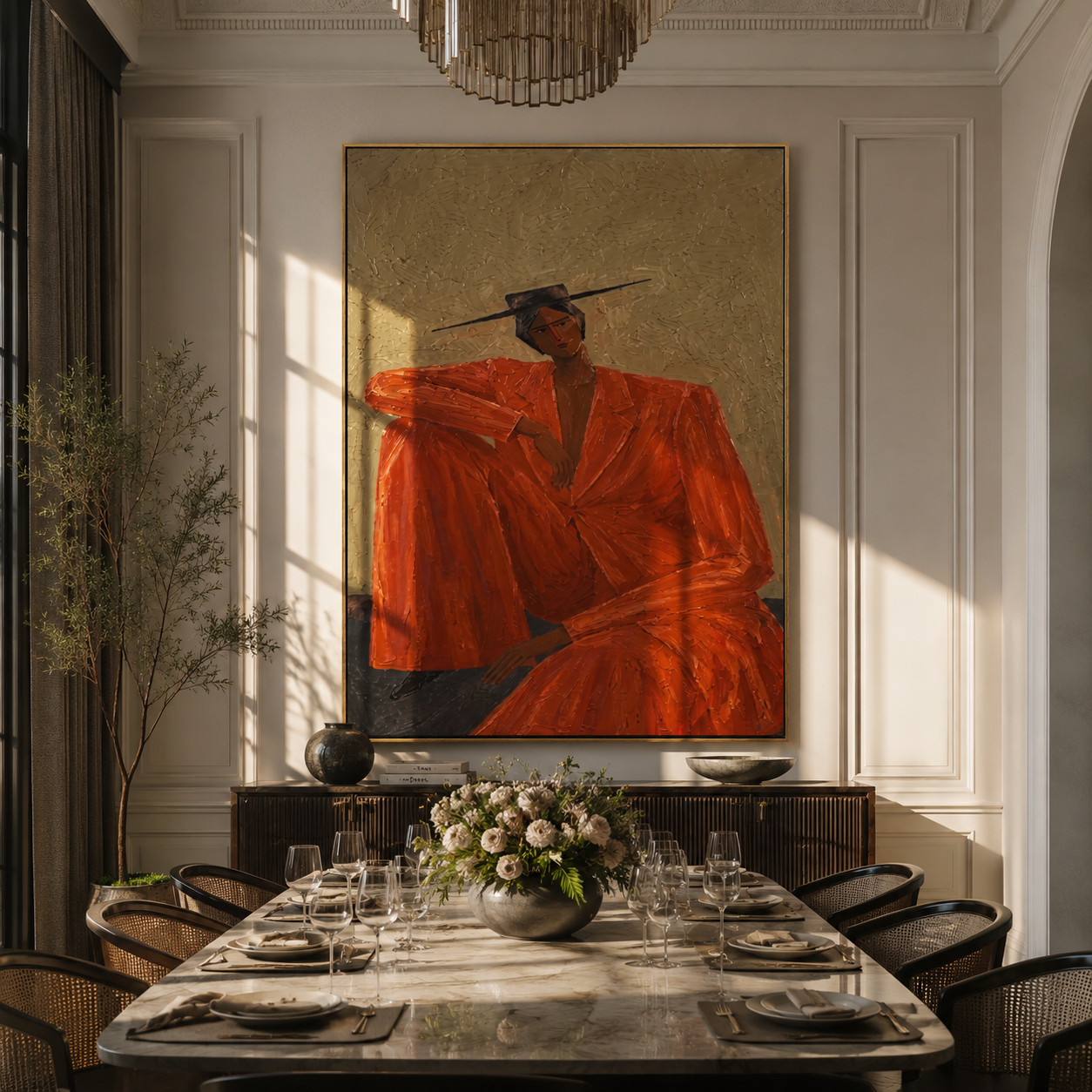 Rust Suit Holds Shoulder styled with neutral modern furnishings