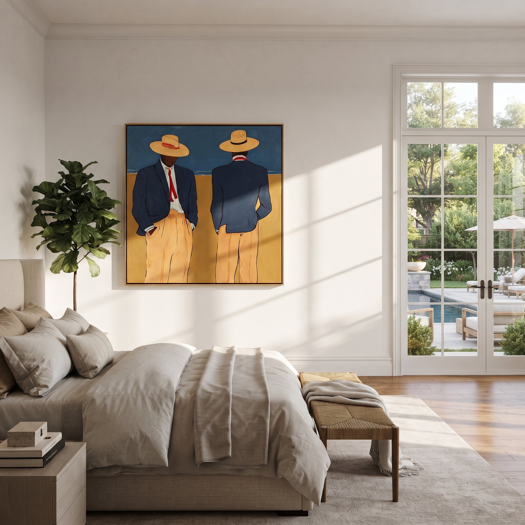 Blue Jackets Turn Away styled with neutral modern furnishings