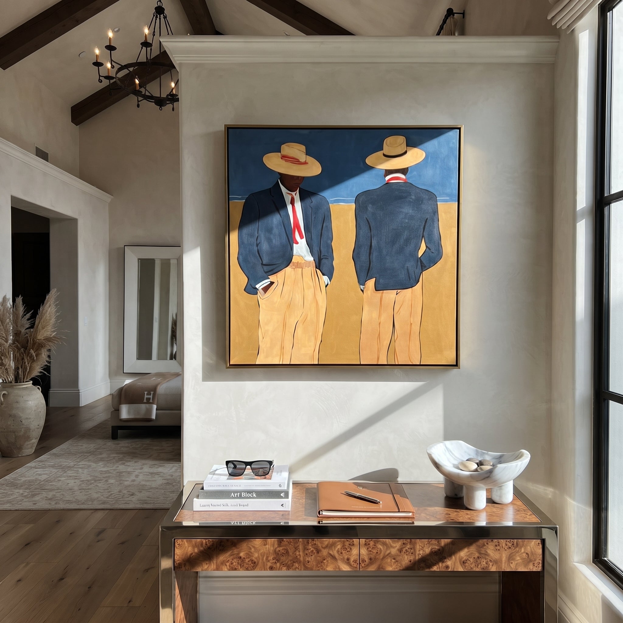 Blue Jackets Turn Away styled in a layered residential interior
