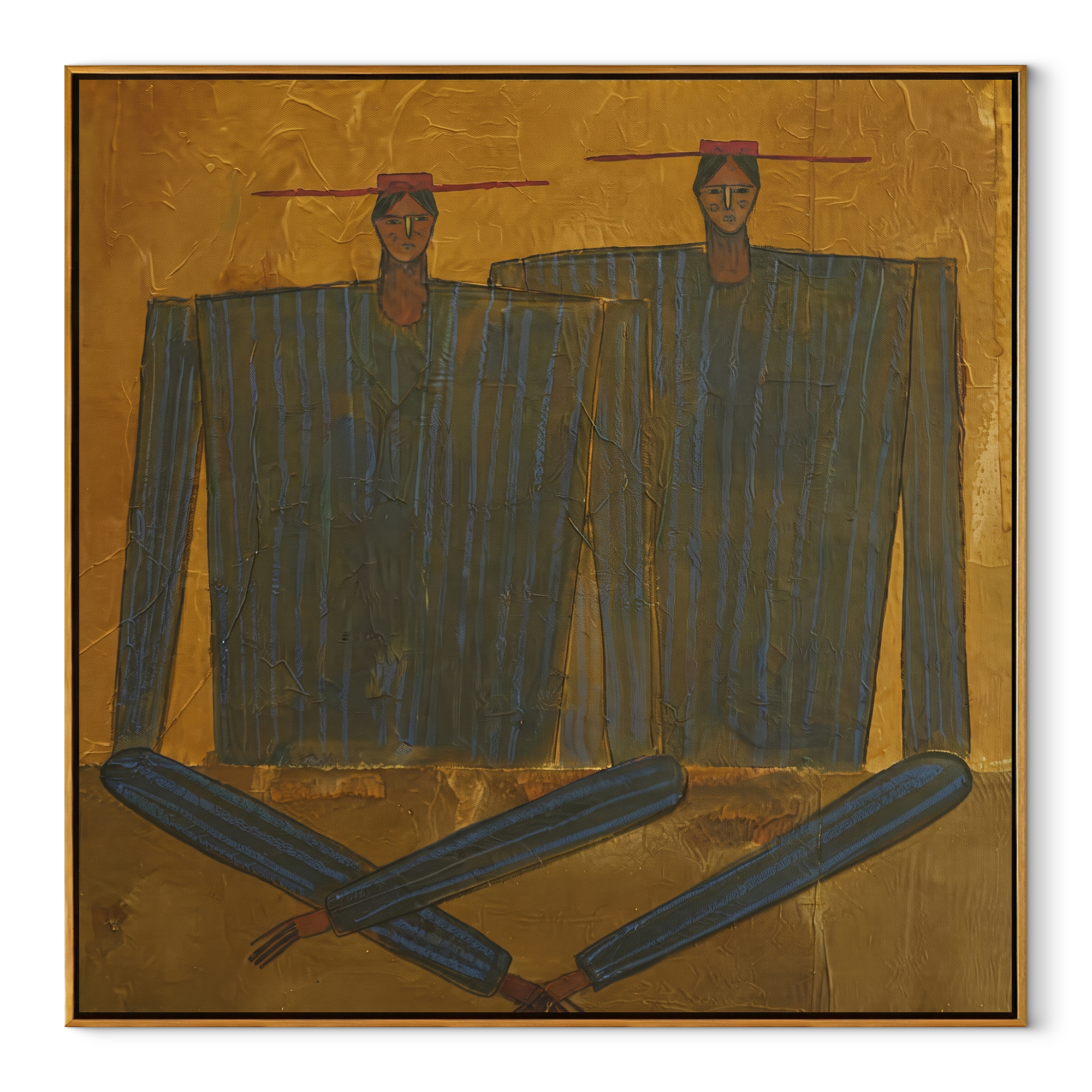 Dark Coats Cross Gold abstract figurative textured painting, square canvas artwork