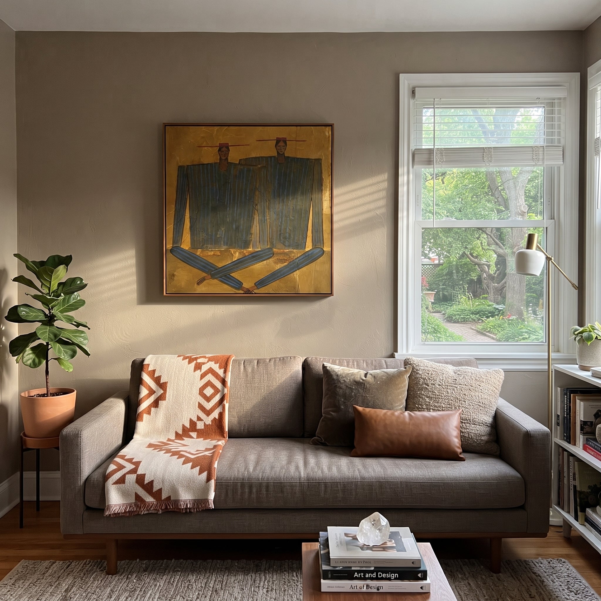 Dark Coats Cross Gold styled with neutral modern furnishings
