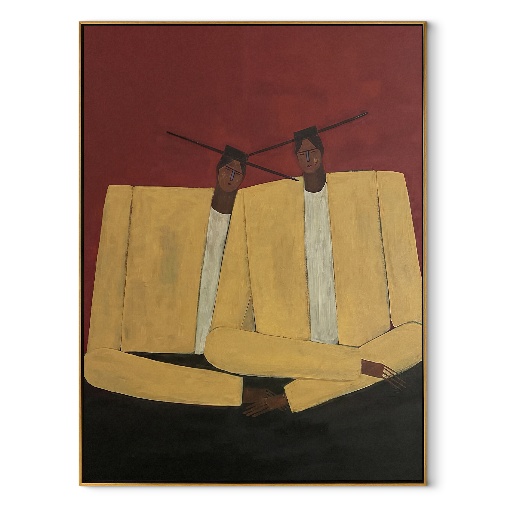 Ivory Shoulders Lean Together abstract figurative textured painting, vertical canvas artwork