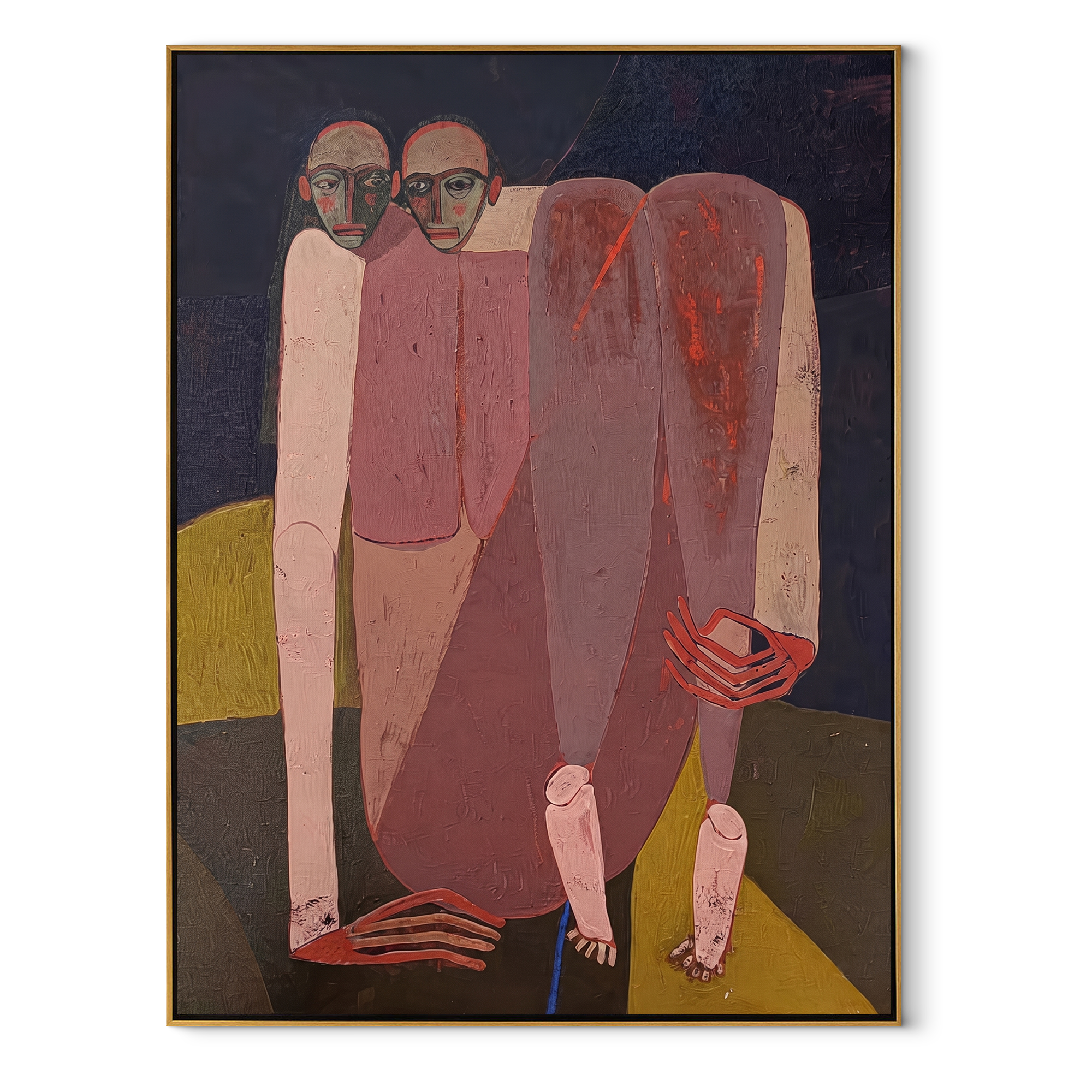 Rose Figures Gather Midnight abstract figurative textured painting, vertical canvas artwork