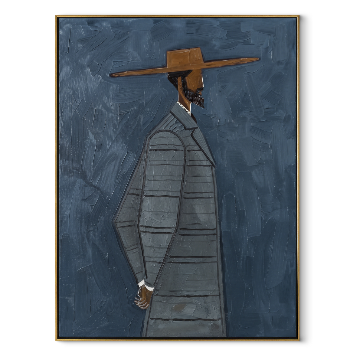 Silver Stripes Walk Through Blue - gray striped side-profile figure painting by Chen Yuzhe, mid-century modern vertical wall art - wood frame on white background
