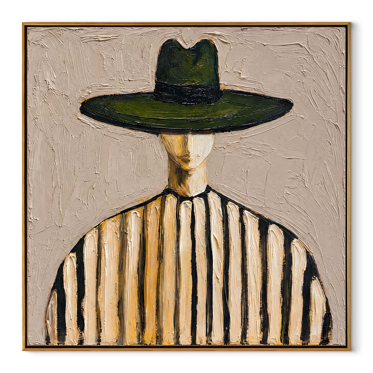 Quiet Brim – wide-brim striped figure by Chen Yuzhe, Mid-Century Modern square wall art - wood frame on white background