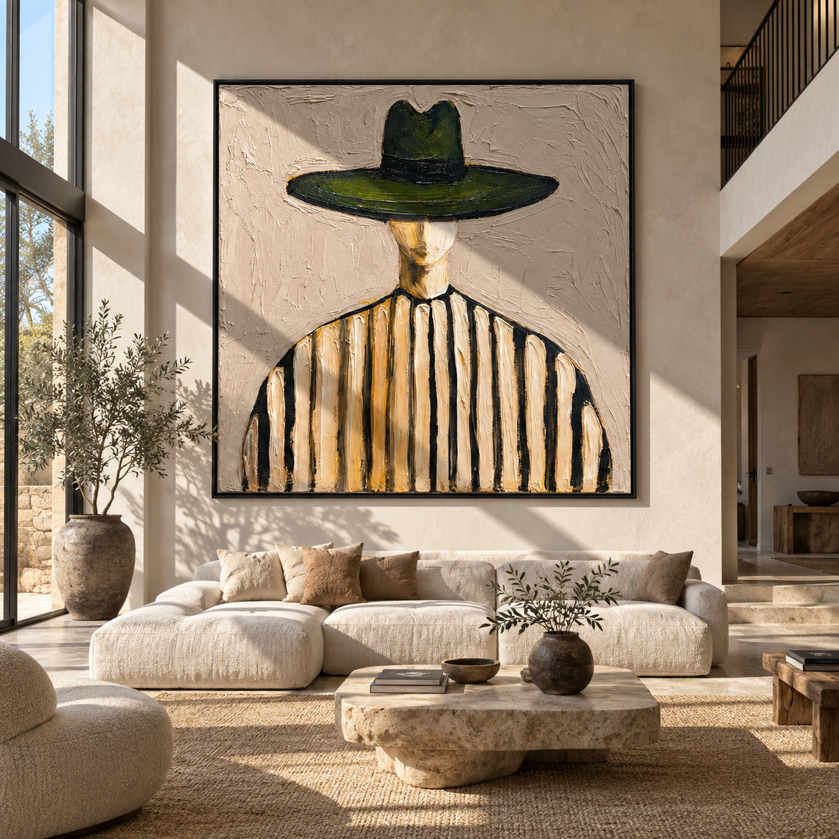Quiet Brim – wide-brim striped figure by Chen Yuzhe, Mid-Century Modern square wall art - displayed on a calm bedroom wall