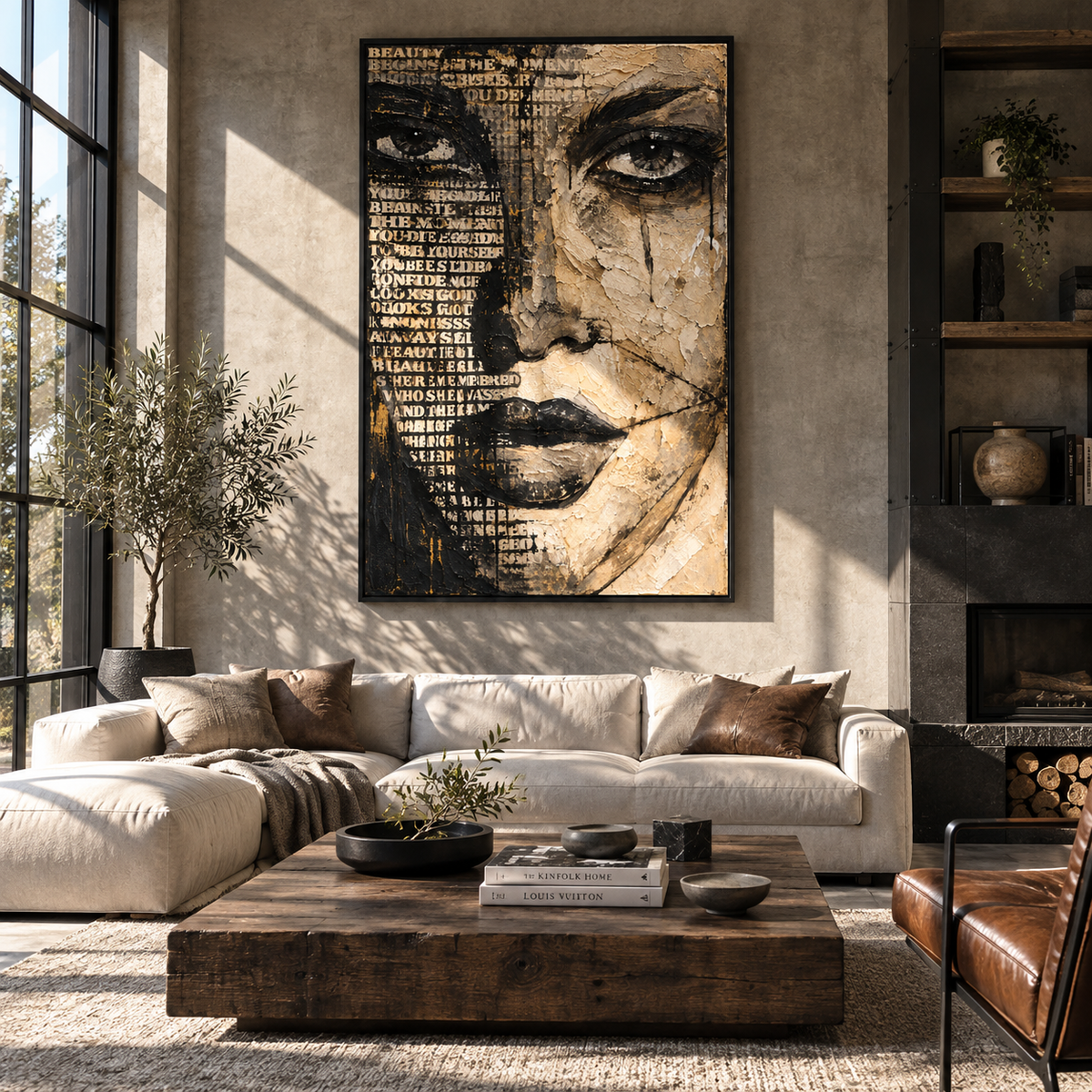 Scripted Face in Shadow - mixed media woman portrait painting shown in modern room setting 5