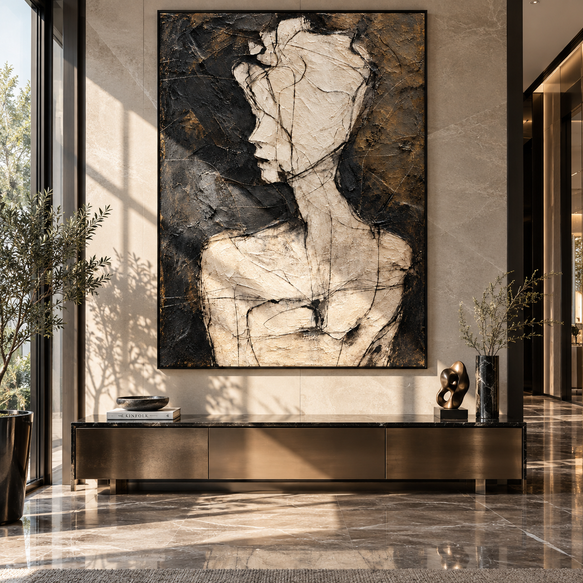 Fractured Figure at Midnight - abstract figure painting shown in modern room setting 2