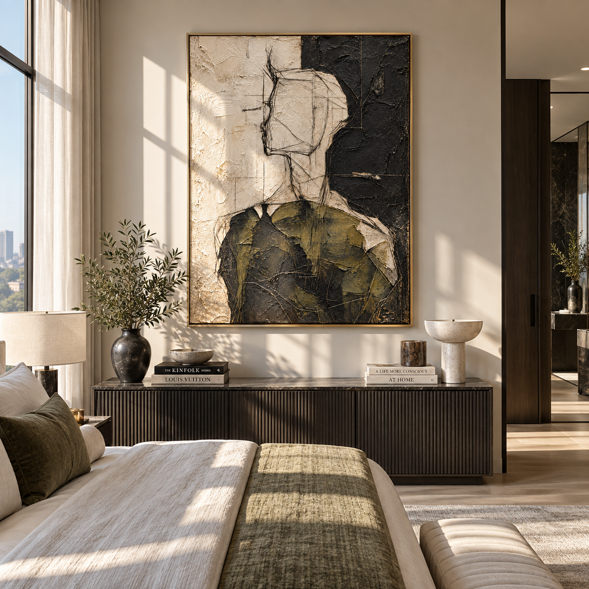 Olive Figure in Profile - abstract figure portrait painting shown in modern room setting 4