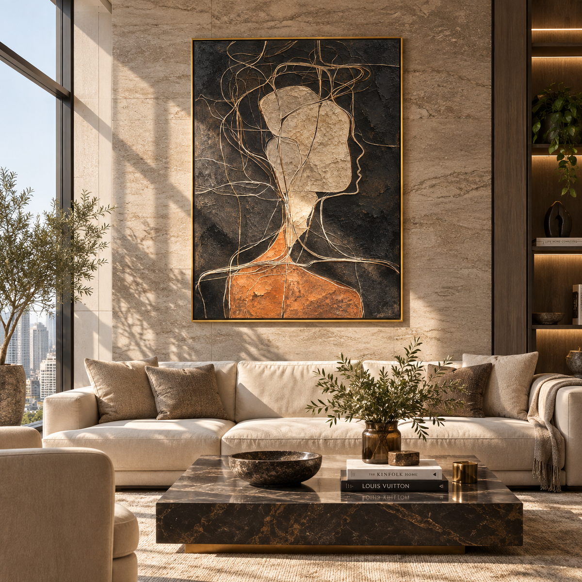 Threads Around a Face - abstract profile portrait painting shown in modern room setting 2