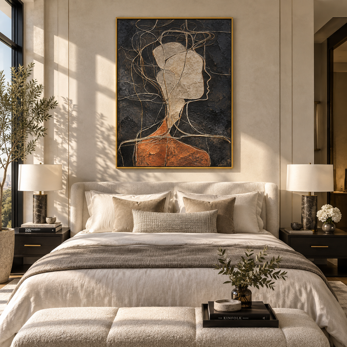 Threads Around a Face - abstract profile portrait painting shown in modern room setting 4