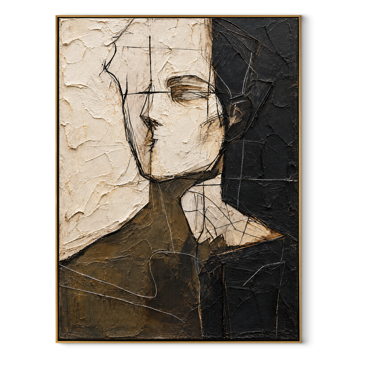Divided Portrait in Silence - abstract face painting in a wood frame on white