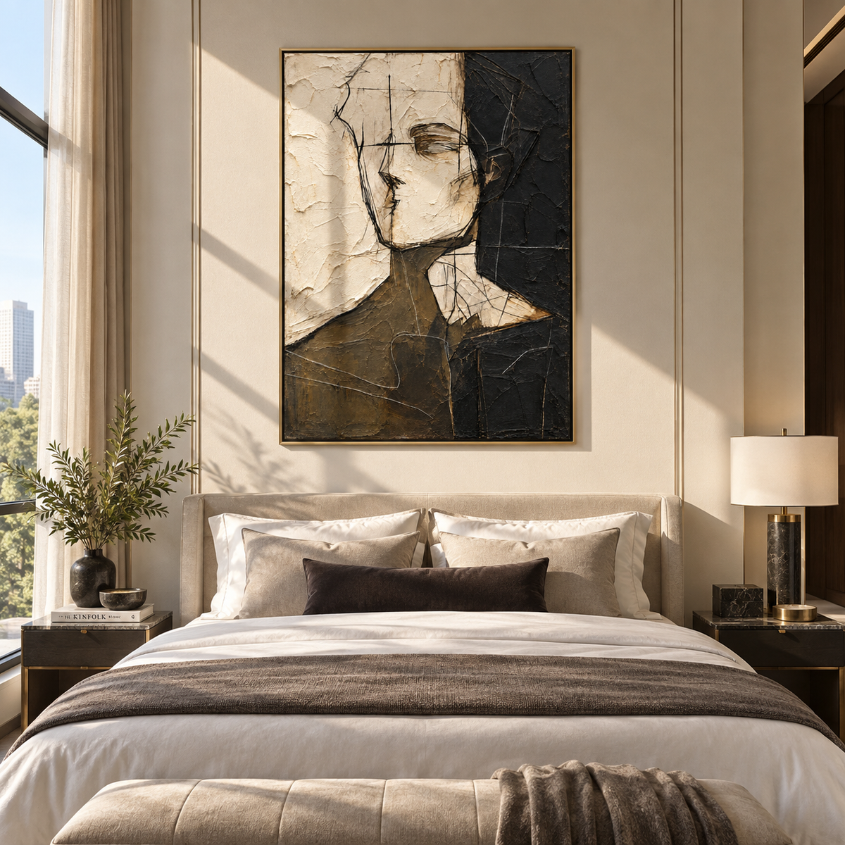 Divided Portrait in Silence - abstract face painting shown in modern room setting 4