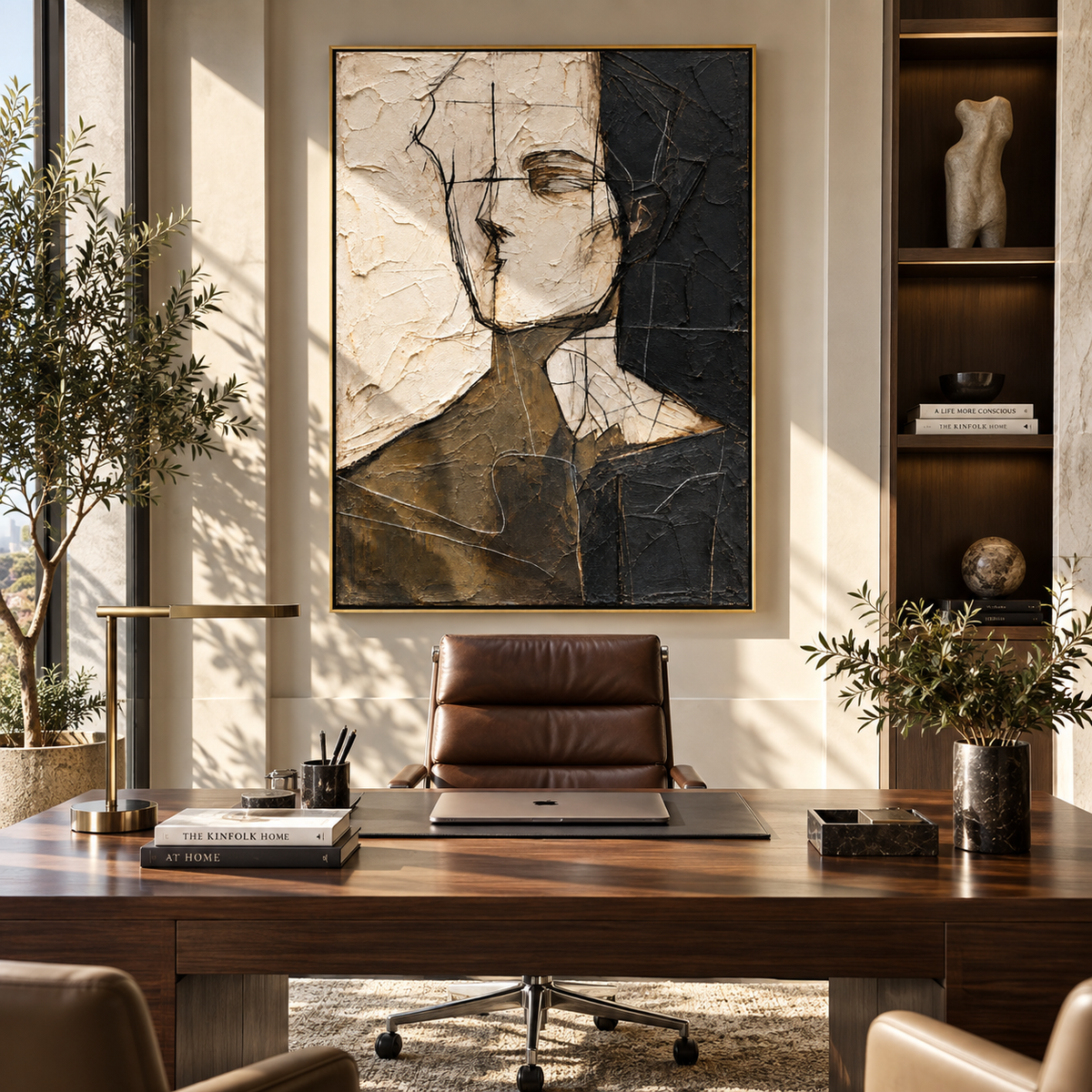 Divided Portrait in Silence - abstract face painting shown in modern room setting 5