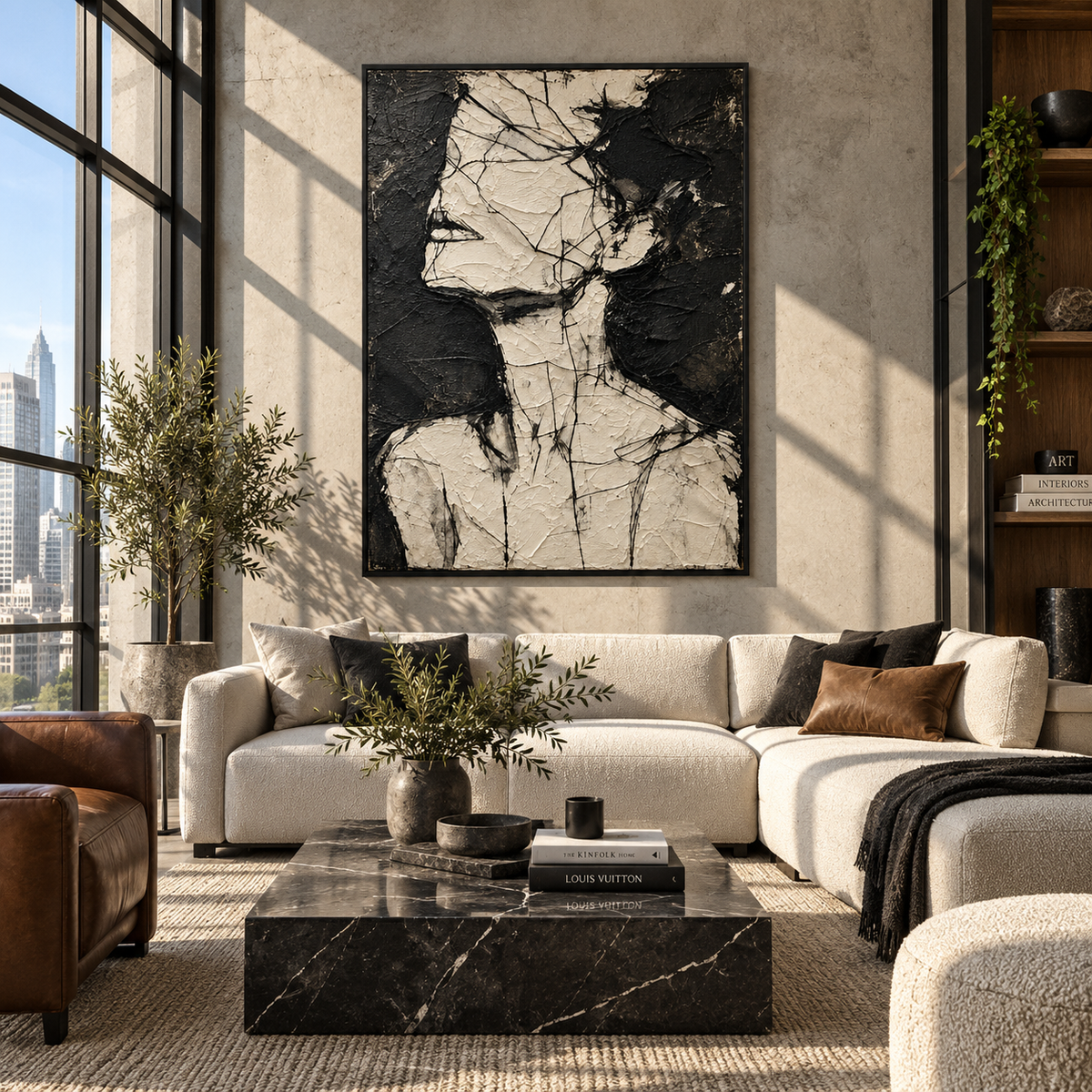White Profile in Black - abstract figure portrait painting displayed in a styled interior