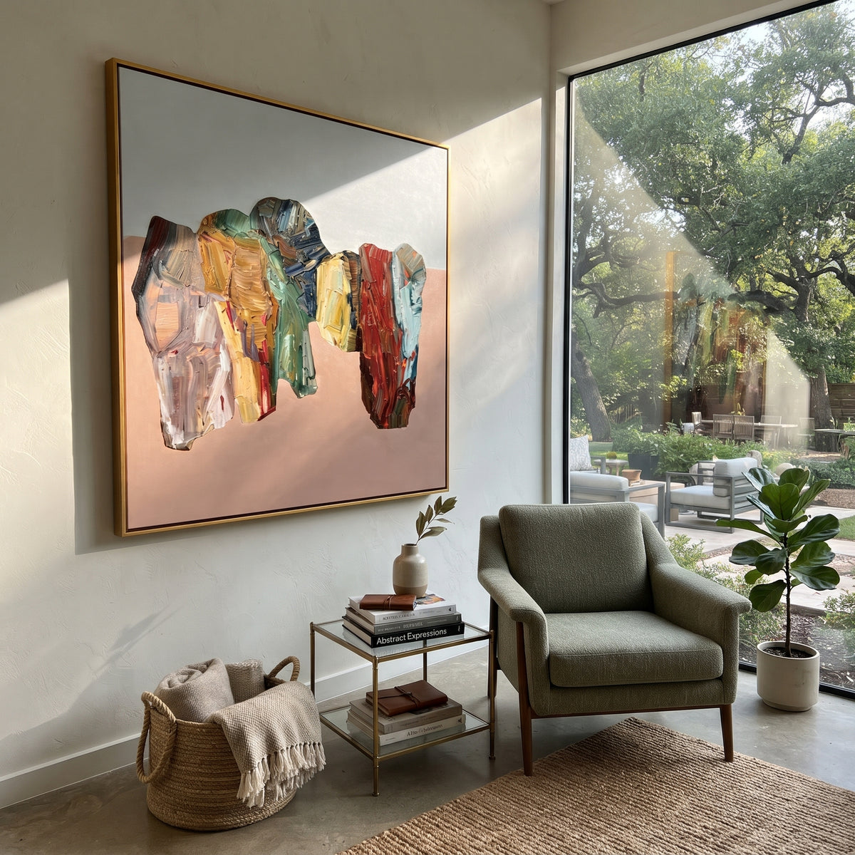 Gathered Forms in Blush - abstract draped forms painting displayed in a styled interior