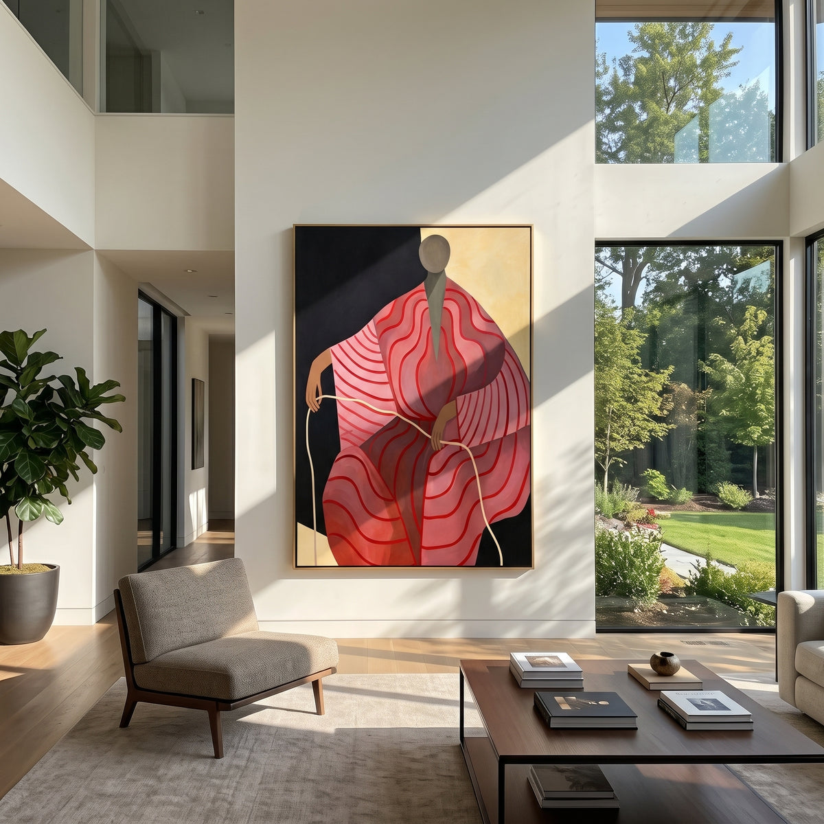 Crimson Lines in Stillness - abstract red figure painting shown in modern room setting 3