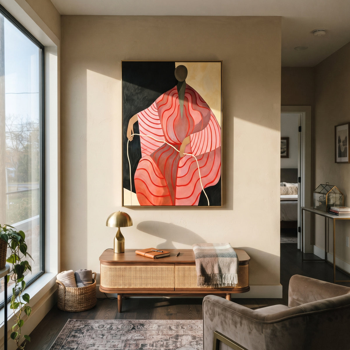 Crimson Lines in Stillness - abstract red figure painting shown in modern room setting 5