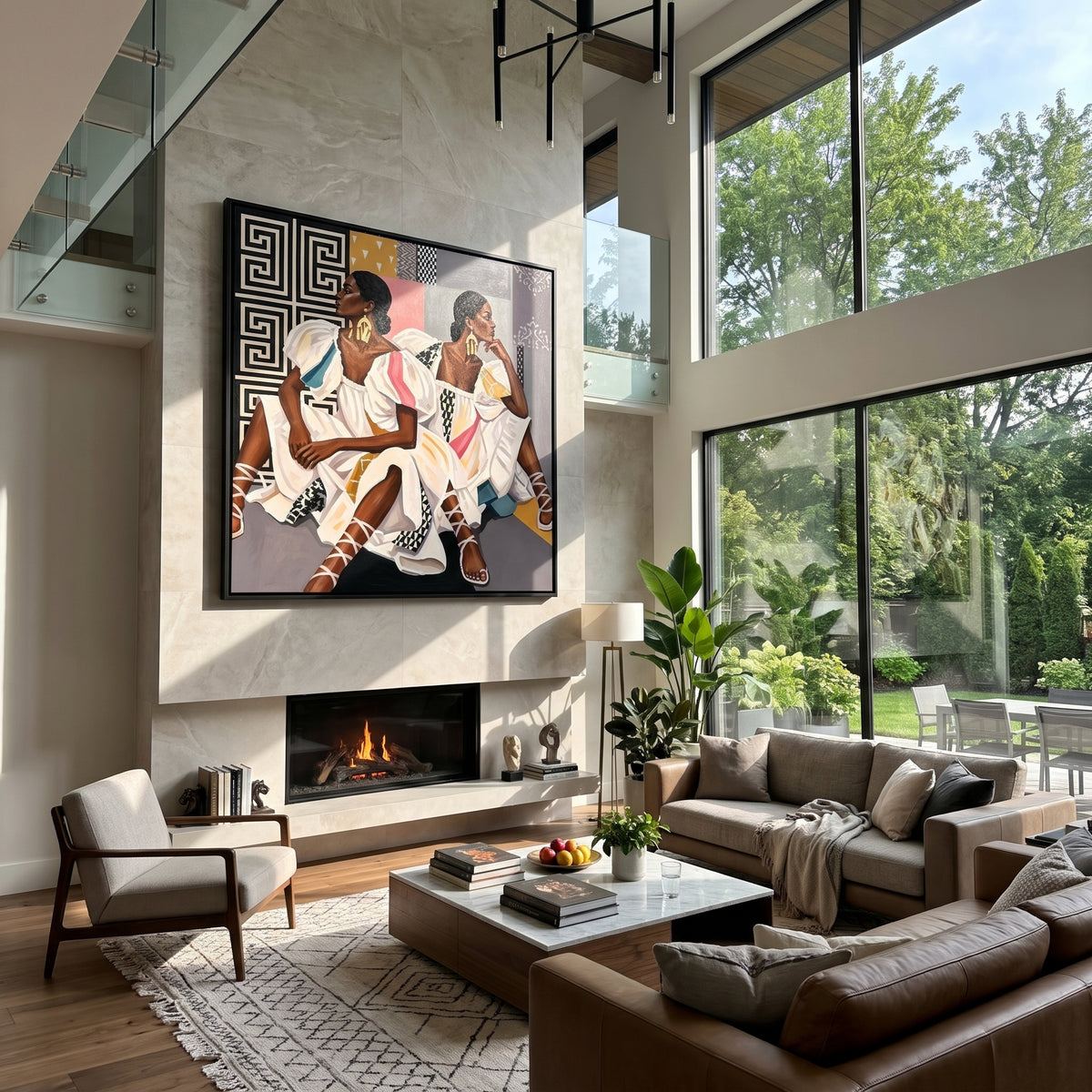 Sisters in Patterned White - two women in patterned dresses painting displayed in a styled interior