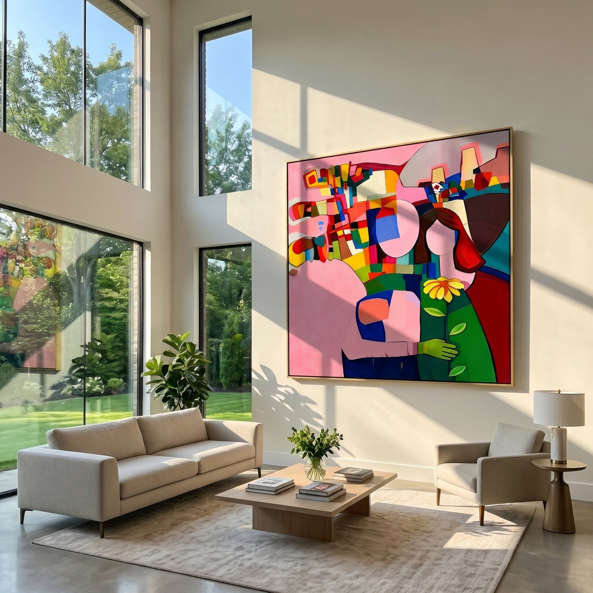 Embrace in Cubist Bloom - colorful cubist figures painting displayed in a styled interior