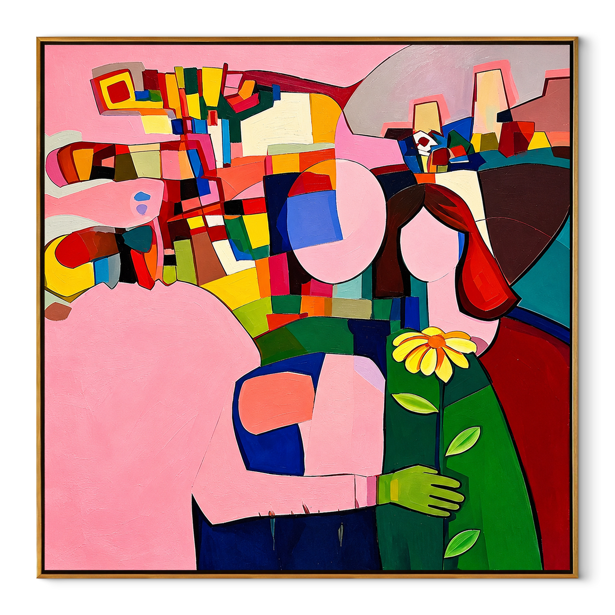 Embrace in Cubist Bloom - colorful cubist figures painting in a wood frame on white