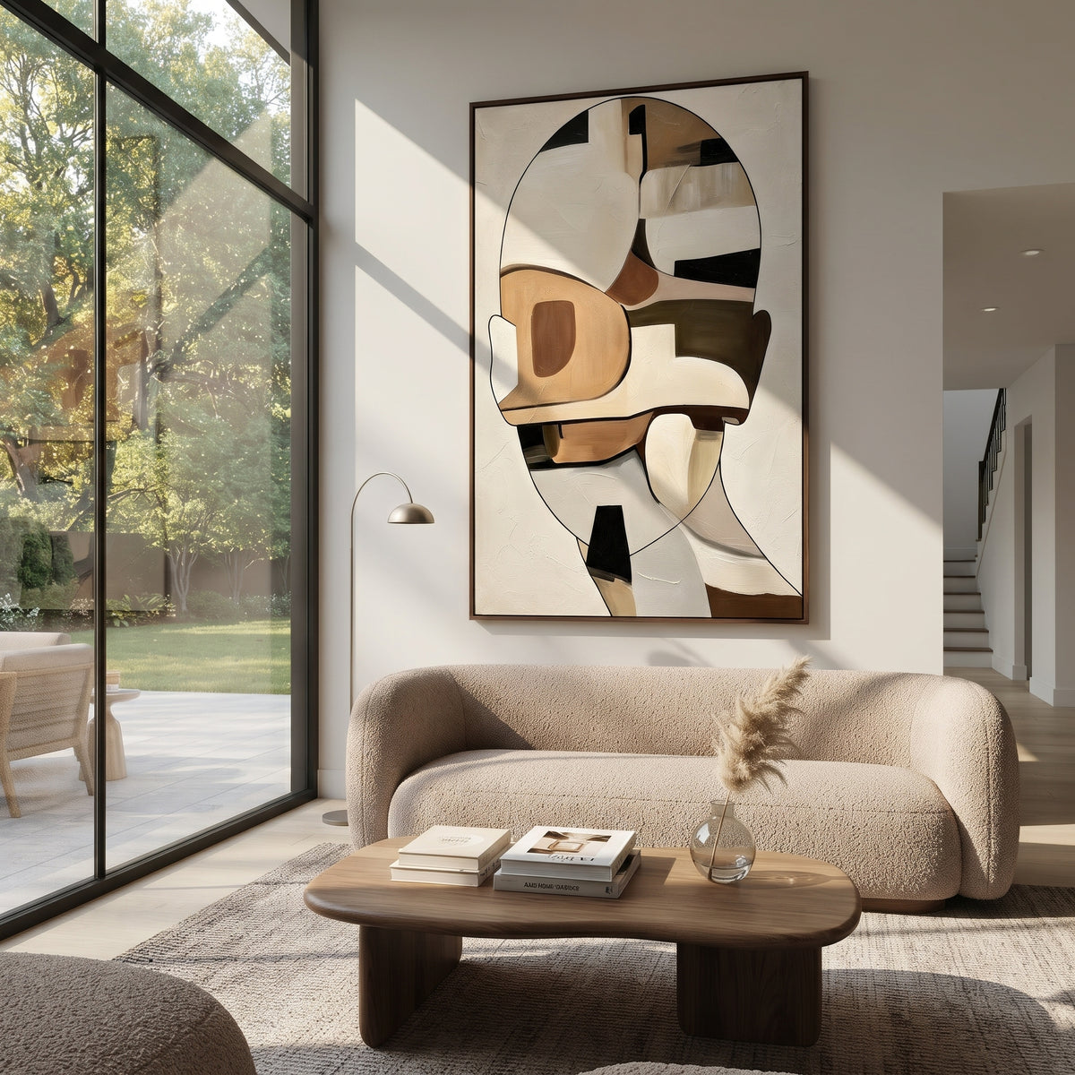 Cubist Figure in Sand - neutral cubist figure painting shown in modern room setting 2