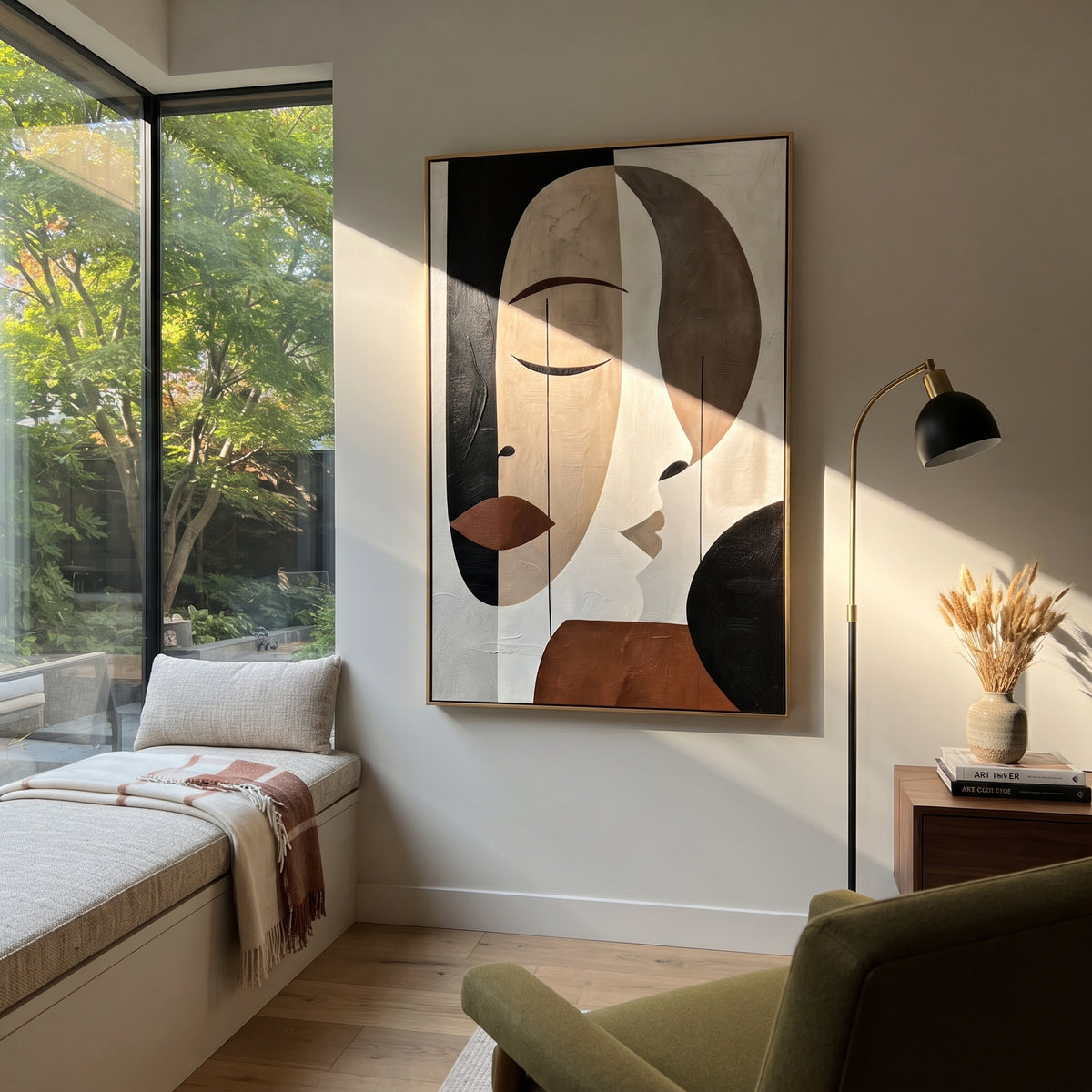 Faces in Quiet Geometry - geometric double face painting displayed in a styled interior