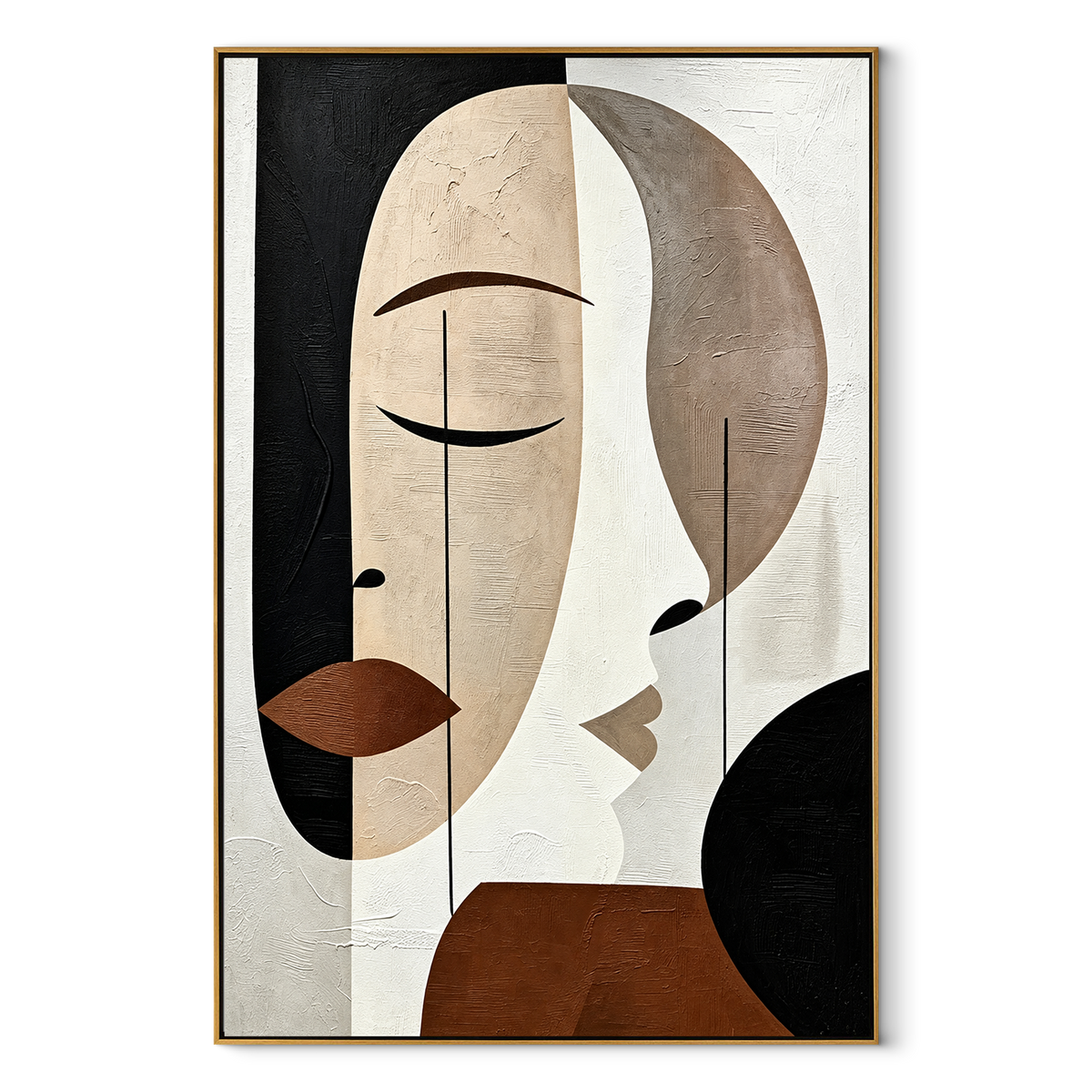 Faces in Quiet Geometry - geometric double face painting in a wood frame on white