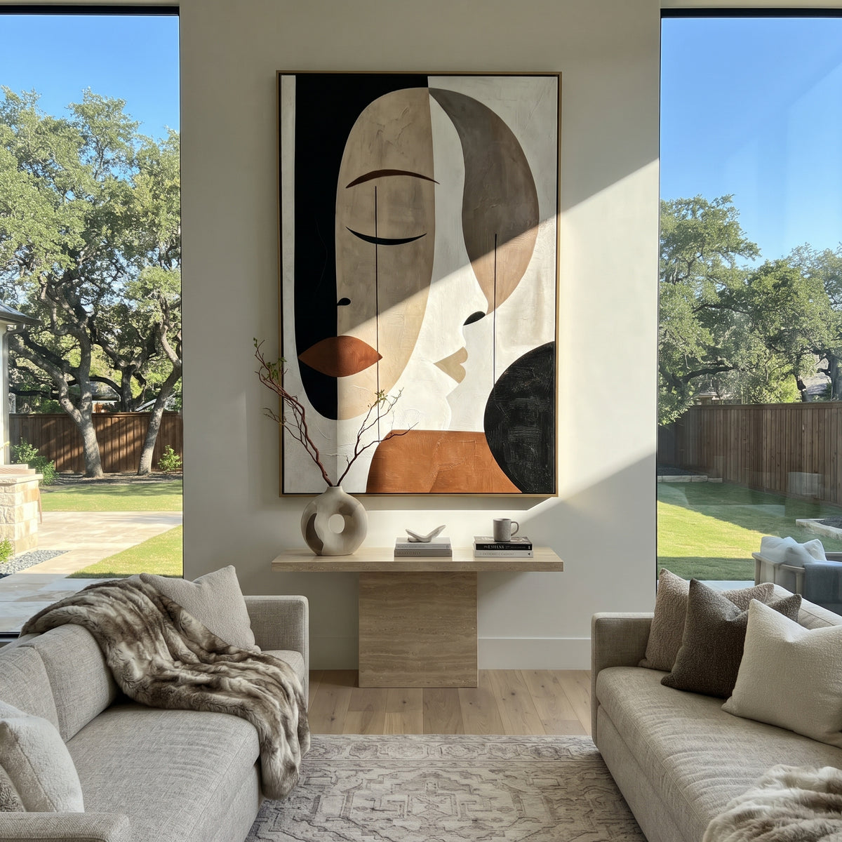 Faces in Quiet Geometry - geometric double face painting shown in modern room setting 4