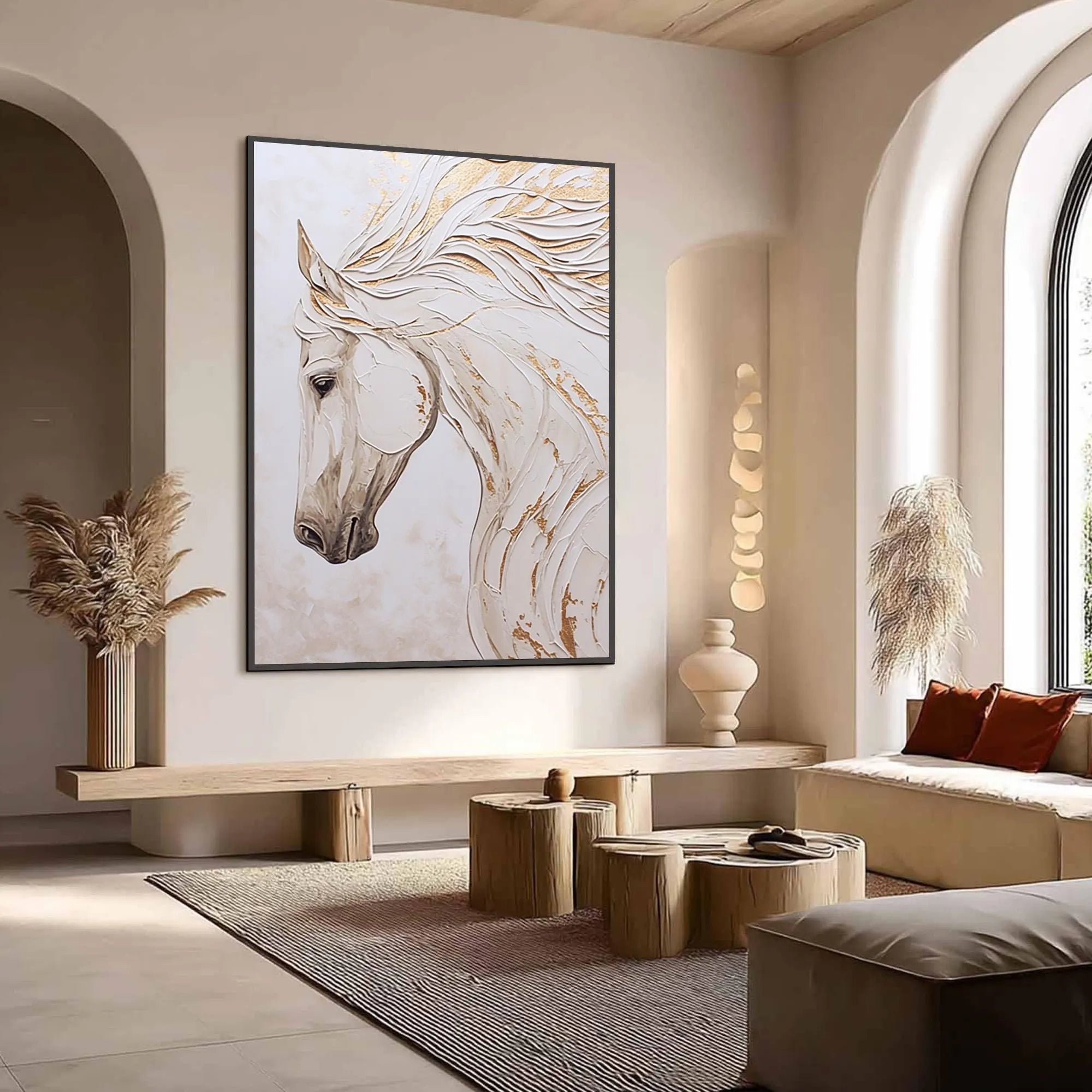 White Elegance – Modern Minimalist White Horse Sculptural Impasto Painting | Luxury Living Room Art