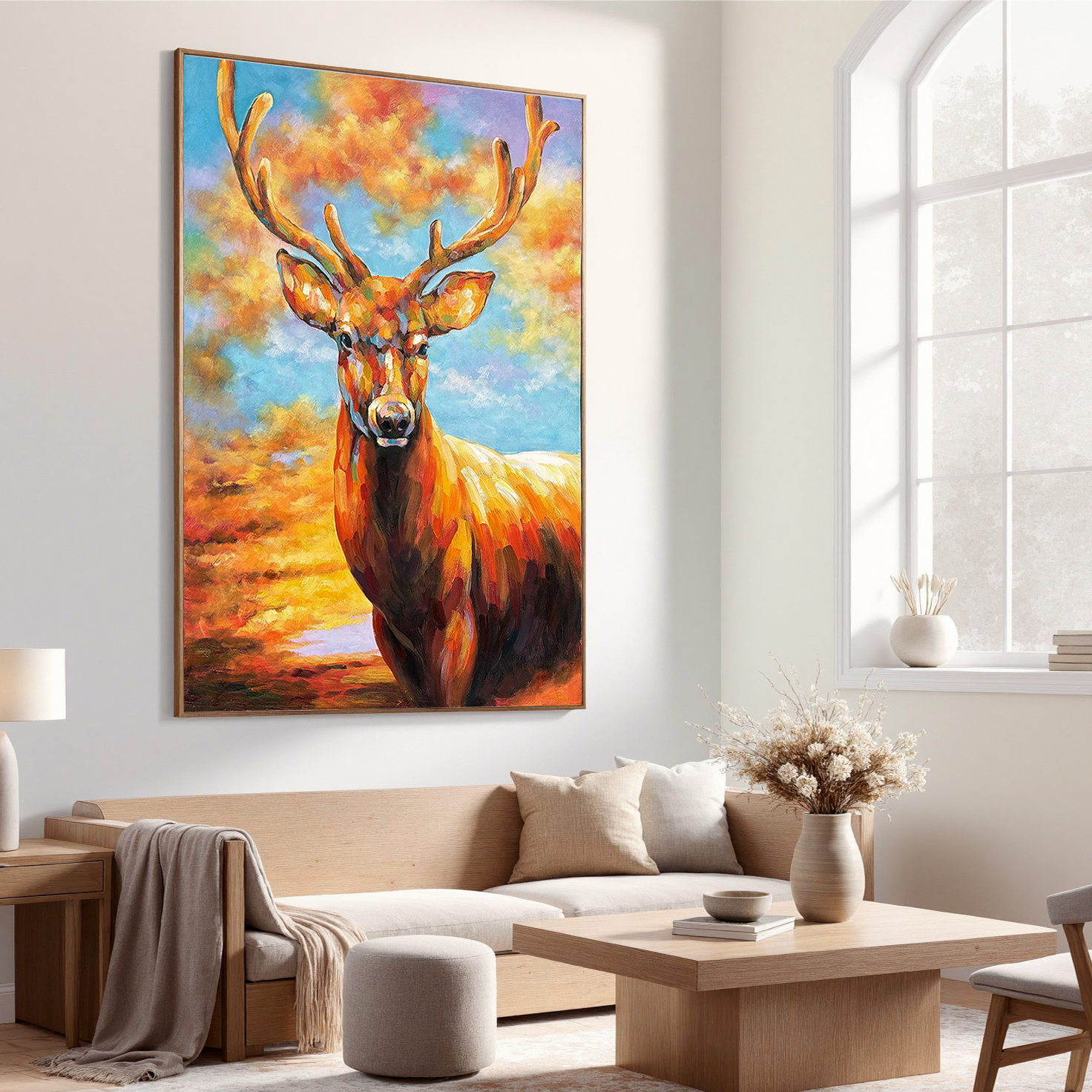 The Aurora Guardian – Contemporary Expressionist Majestic Stag Painting | Vibrant Statement Living Room Art