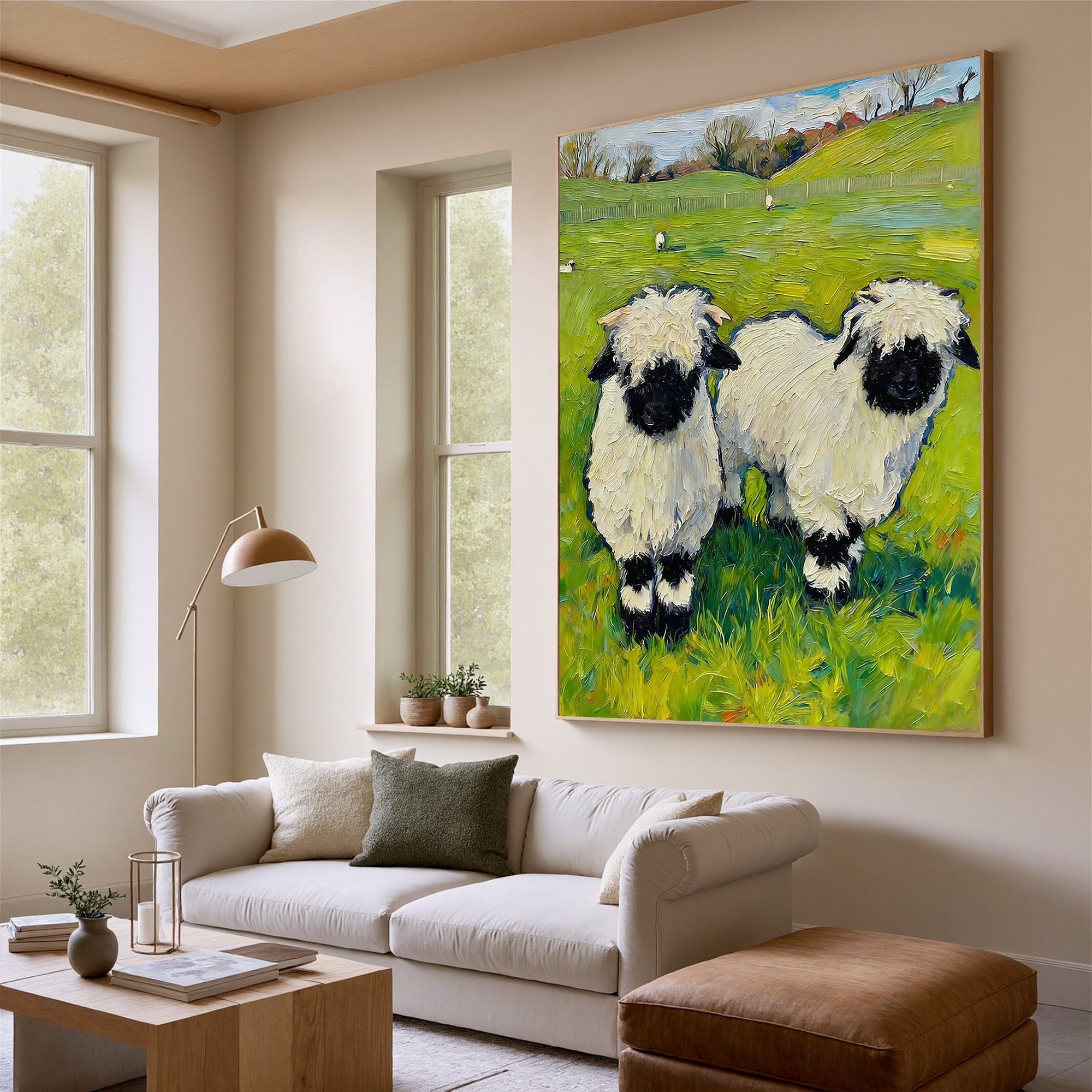 The Cotton-Wool Meadow – Post-Impressionist Sheep Impasto Painting | Whimsical Countryside Living Room Art