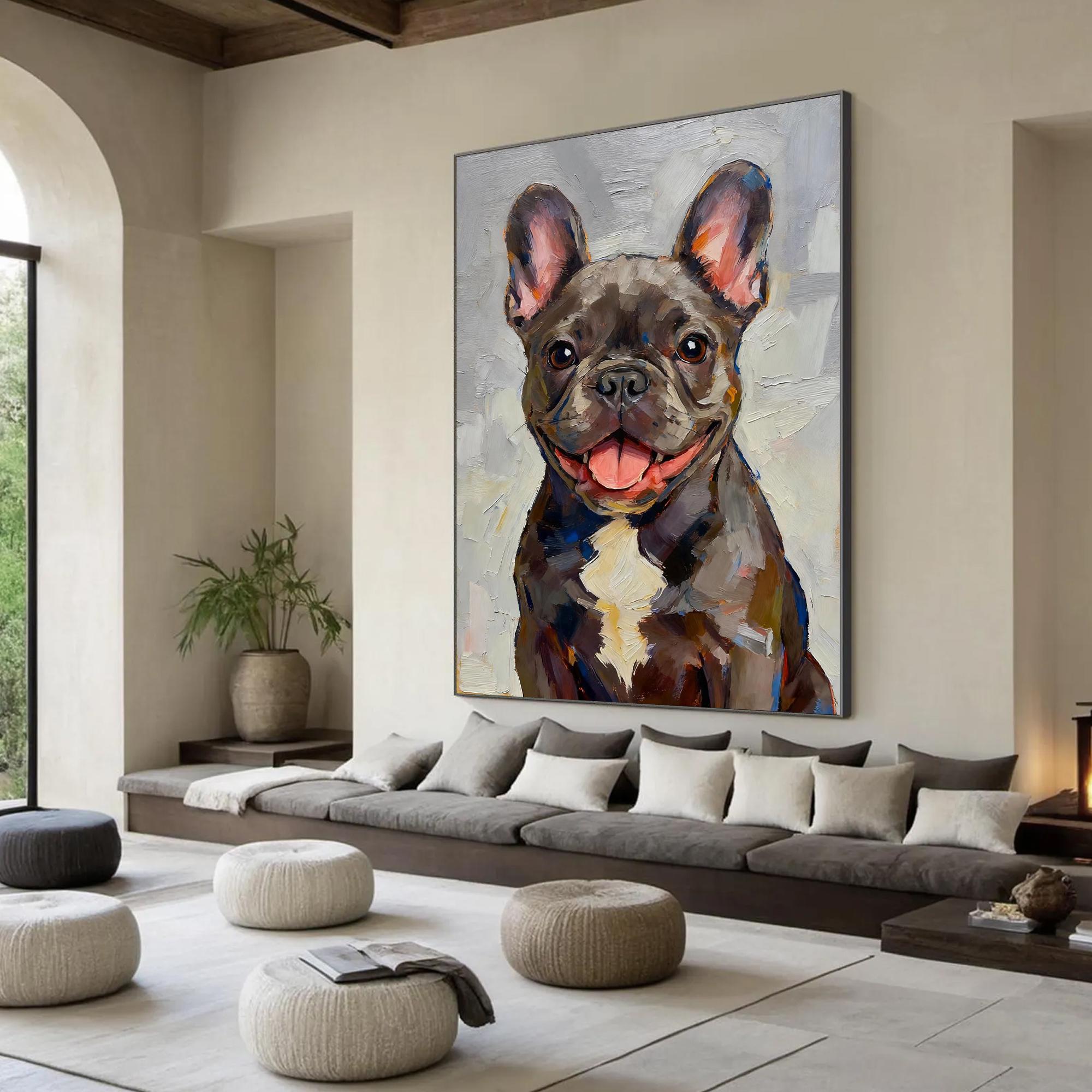 The Joyful Frenchie – Modern Impasto French Bulldog Texture Painting | Vibrant Living Room Art