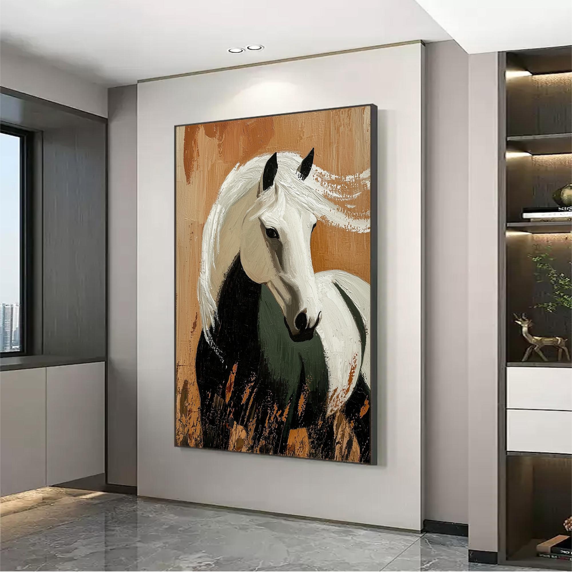Noble Mane – Textured Black and White Horse Portrait Painting | Modern Minimalist Living Room Art