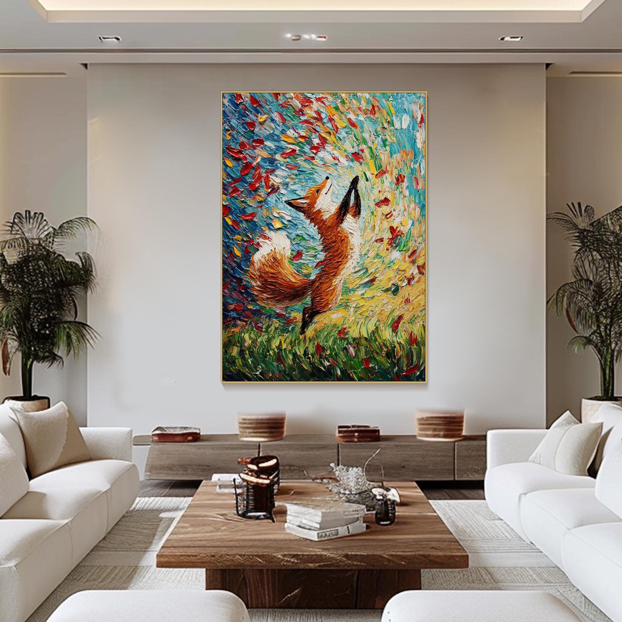 Autumn Dance – Textured Impressionist Fox Painting | Vibrant Whimsical Living Room Art