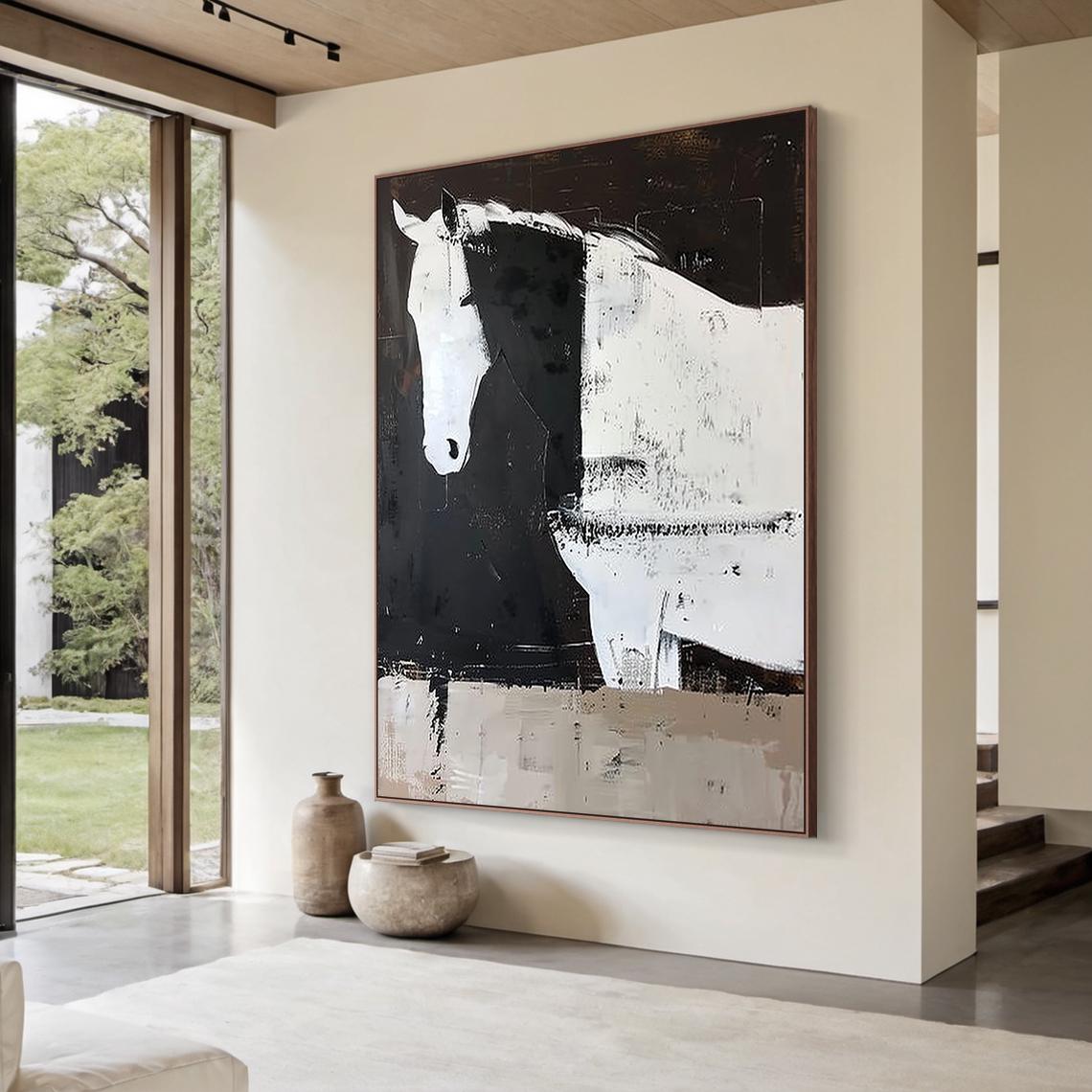 Silent Solitude – Modern Minimalist Black and White Horse Painting | Contemporary Textured Living Room Art