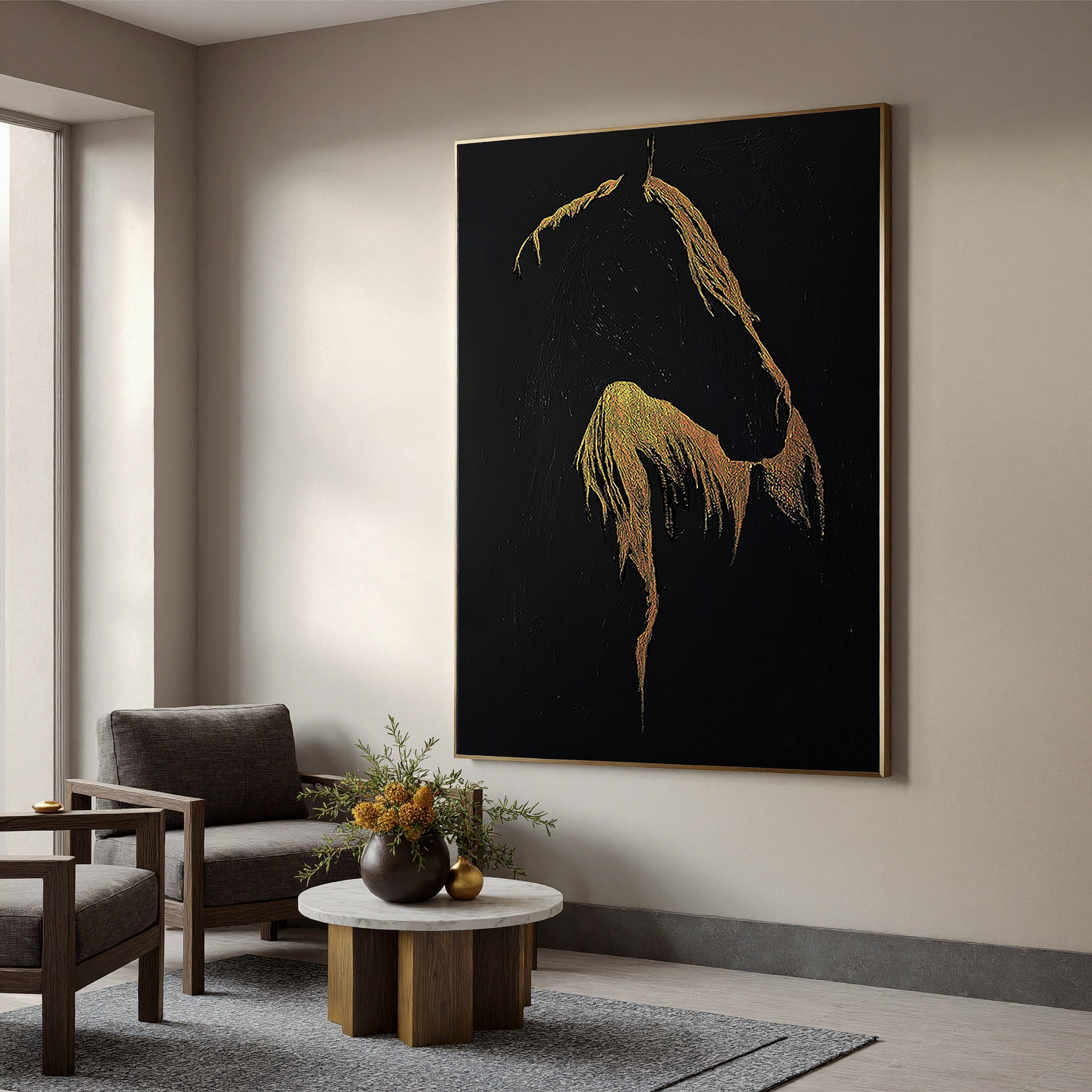 Golden Silhouette – Luxury Black and Gold Horse Painting | Minimalist Textured Animal Living Room Art