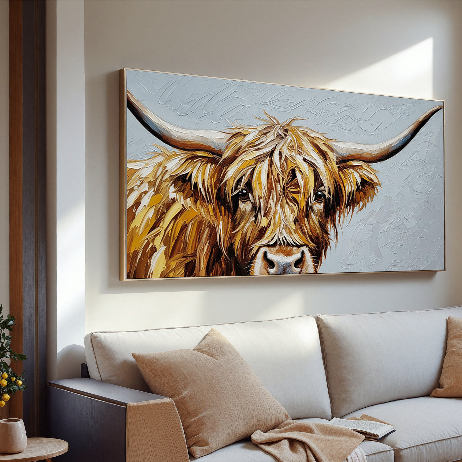 Gentle Wild – Modern Hand-painted Highland Cow Impasto Painting | Rustic Farmhouse Living Room Art