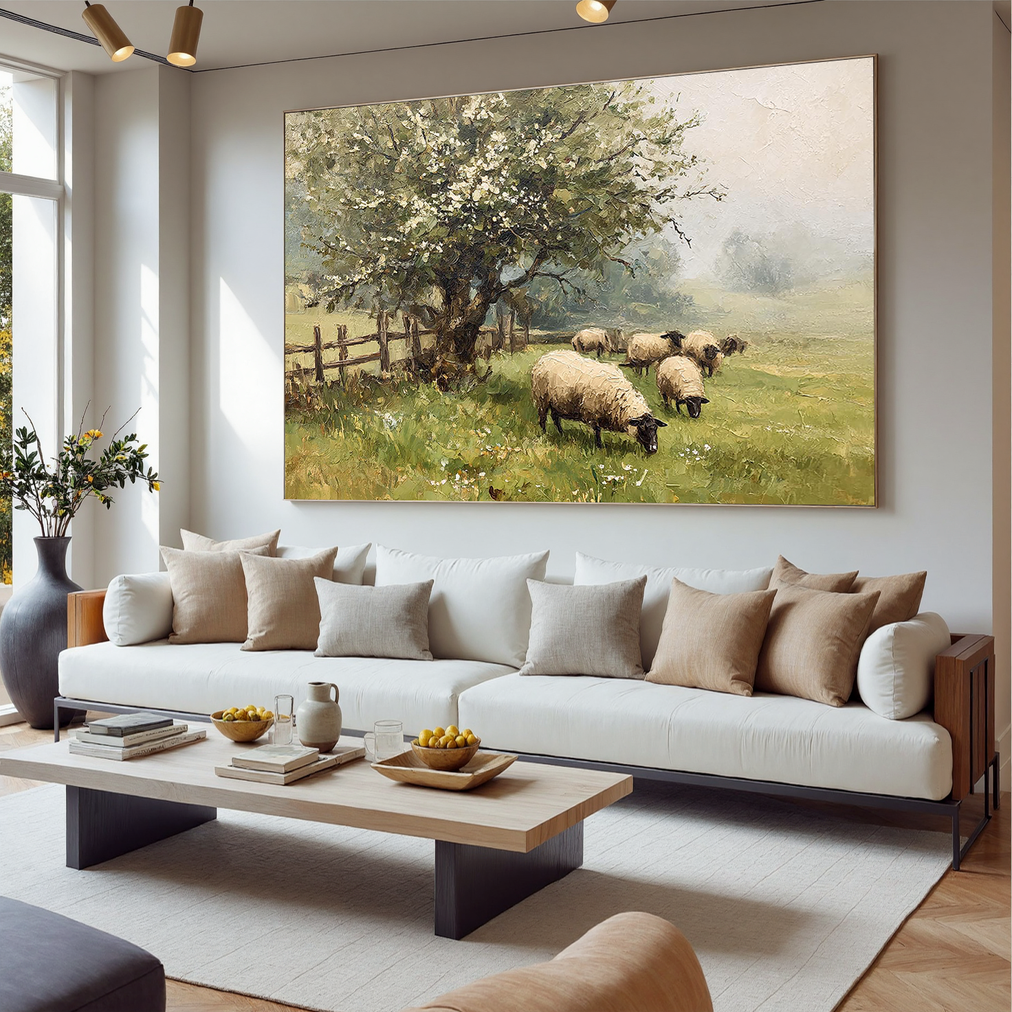 Pastoral Peace – Hand-Painted Farmhouse Animal Landscape Painting | Contemporary Landscape Living Room & Dining Room Art