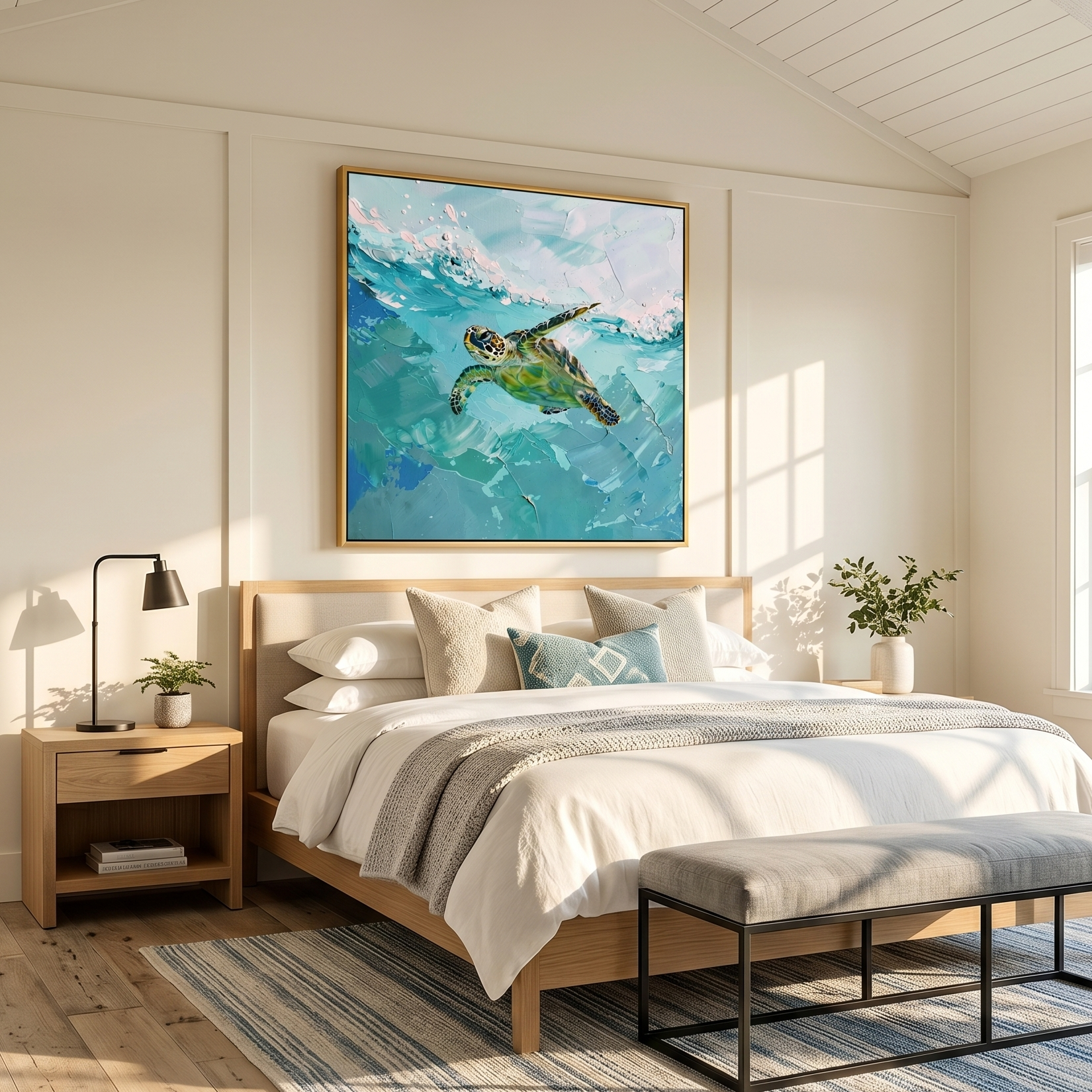 Azure Voyager – Modern 3D Heavy Impasto Sea Turtle Oil Painting | Ocean Themed Textured Hallway Decor