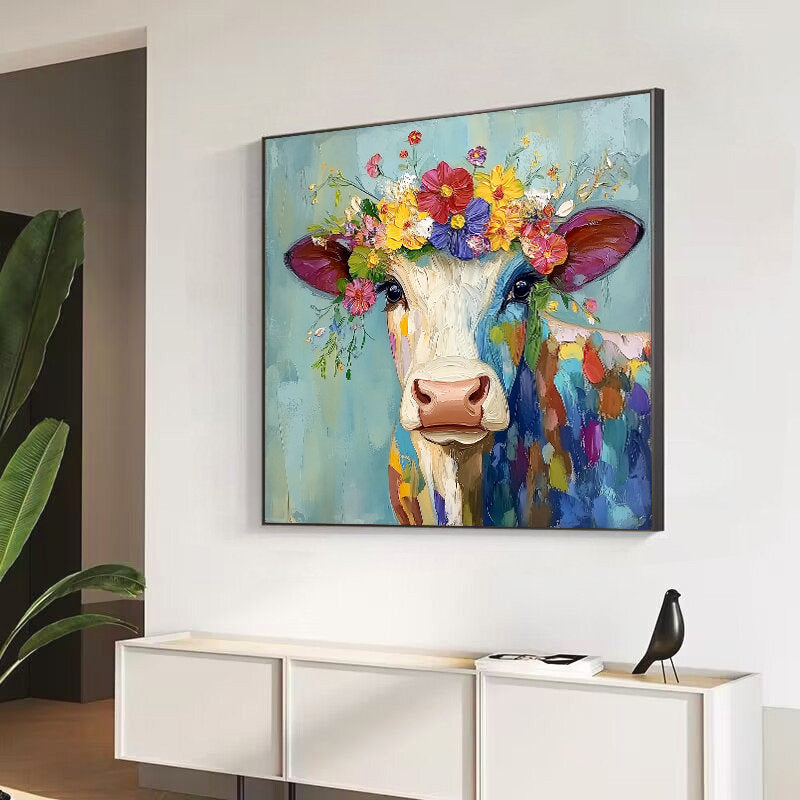 Floral Heifer – Vibrant Expressionist Cow with Floral Crown Painting | Modern Farmhouse Hallway Art