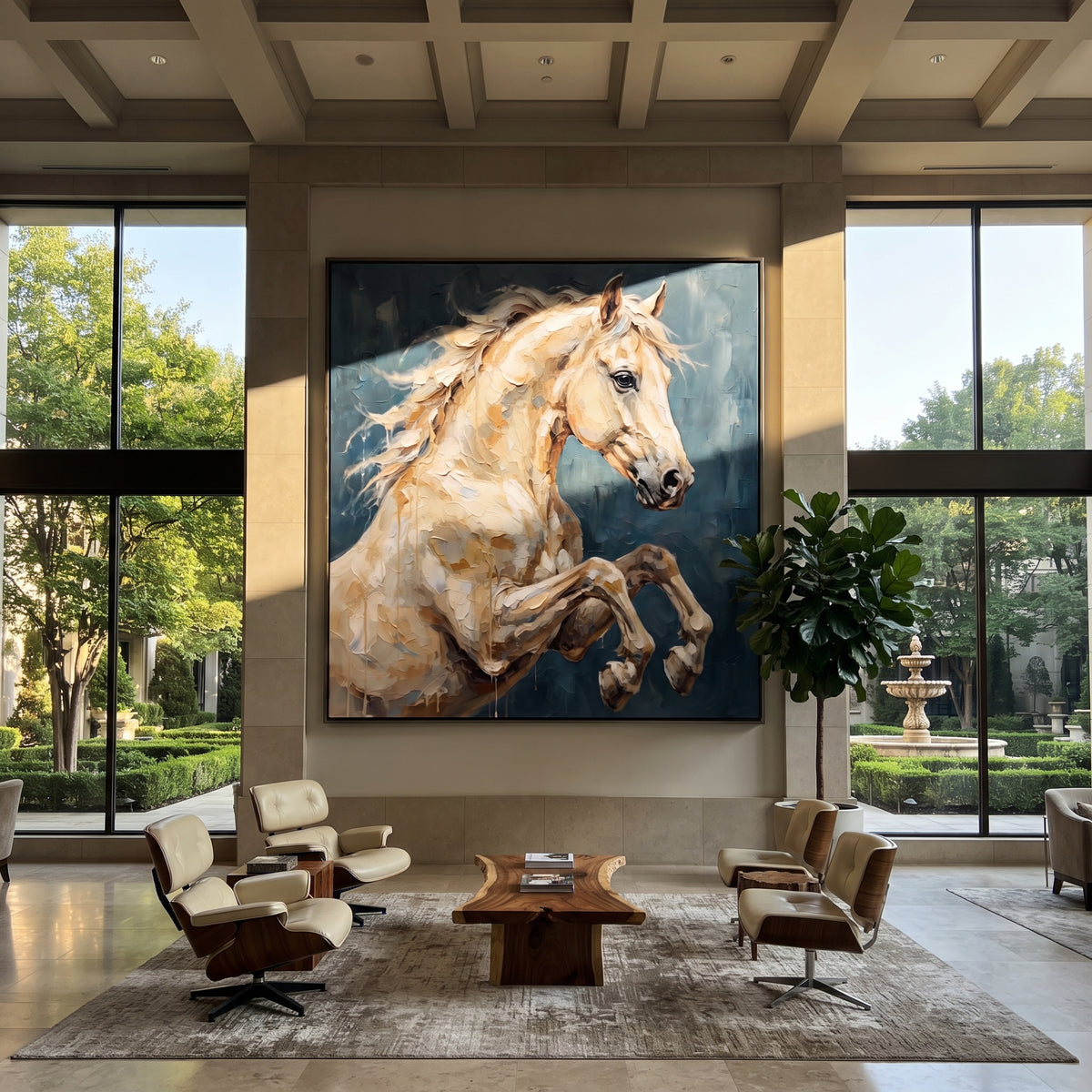 The Pale Stallion Rises - rearing white horse painting, square textured equestrian wall art - displayed over a dark hotel console